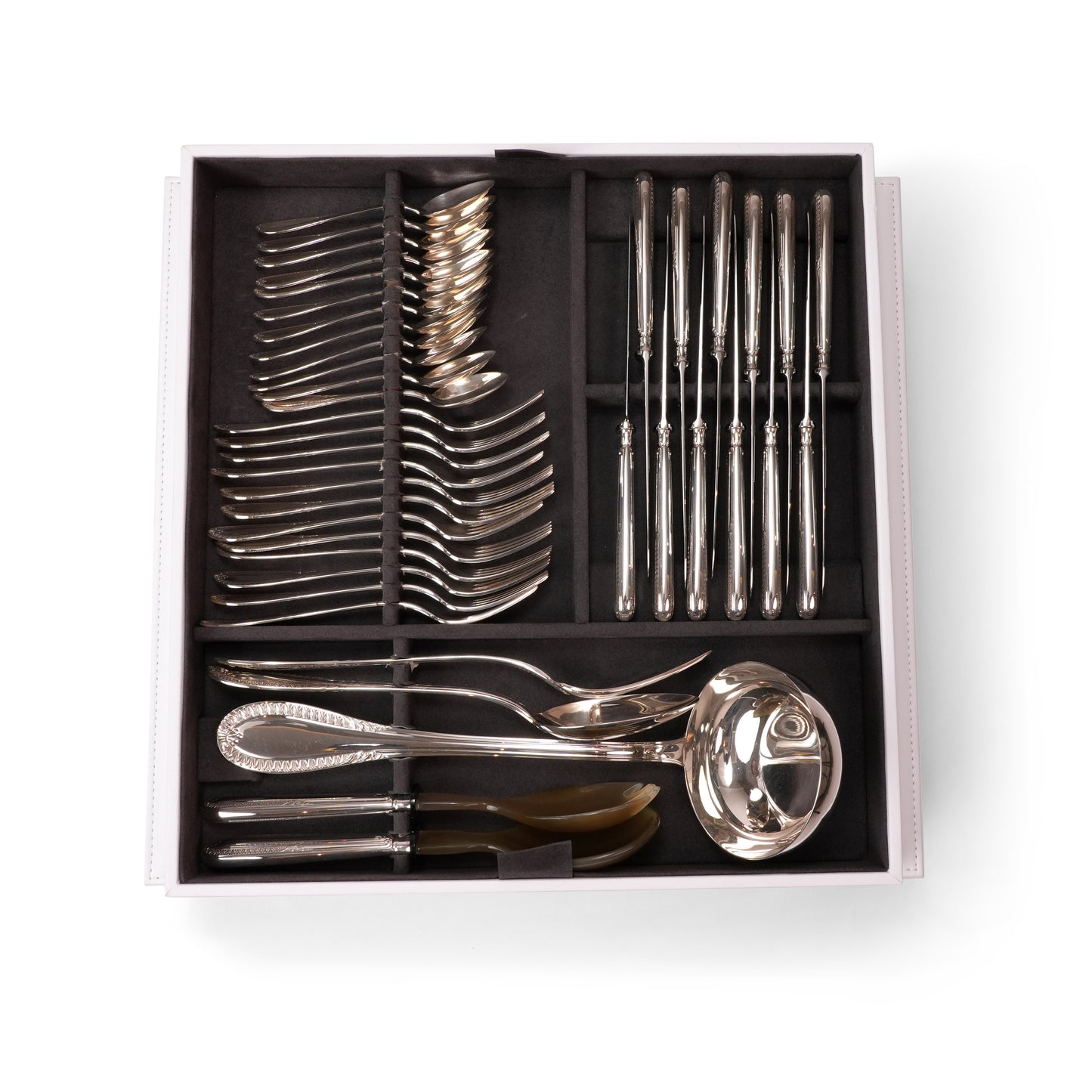 IMPERO LEATHER WOODEN BOX SILVER CUTTLERY SET FOR 89 PIECES