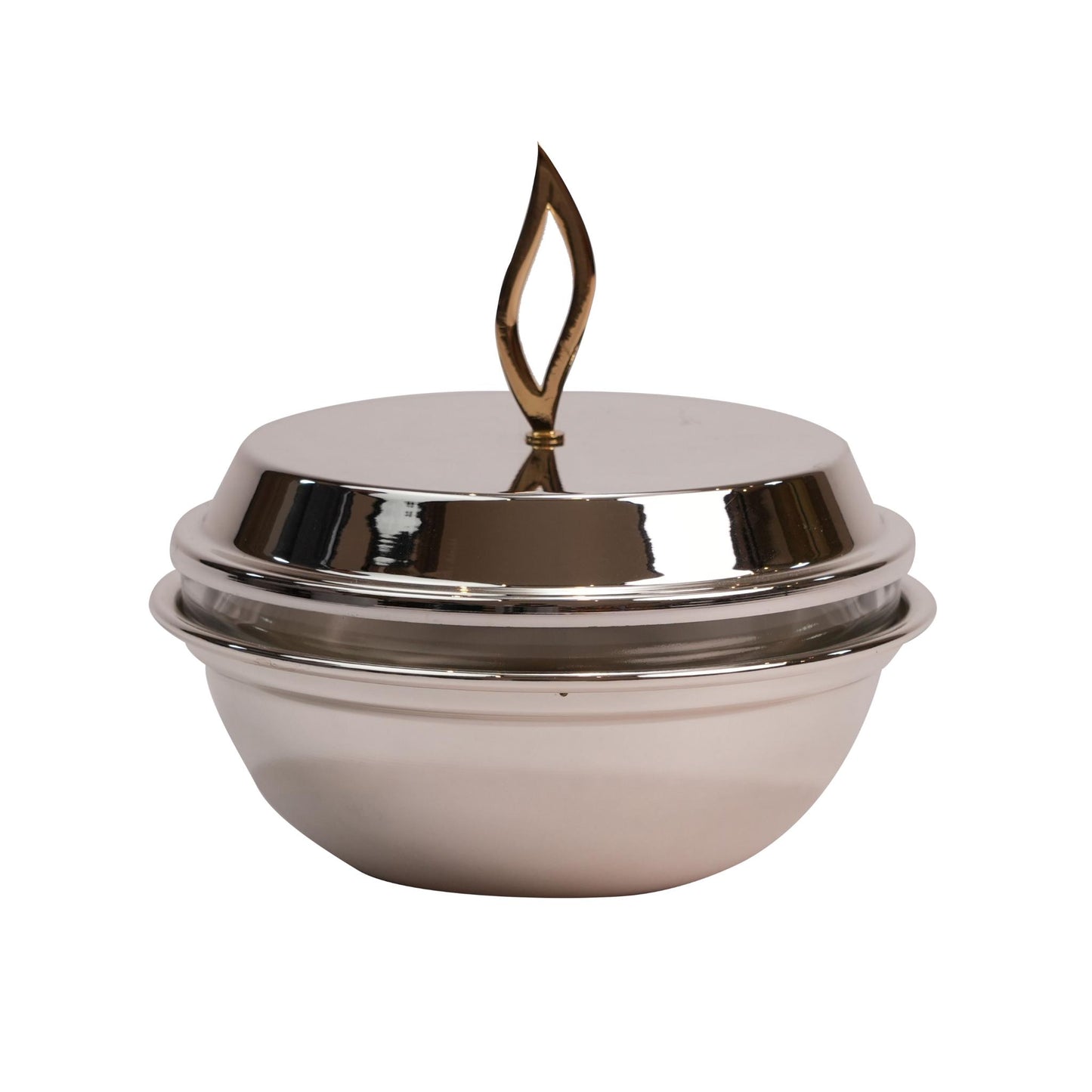 GLASS BOWL , GOLD FLAME DESIGN / SILVER PLATED