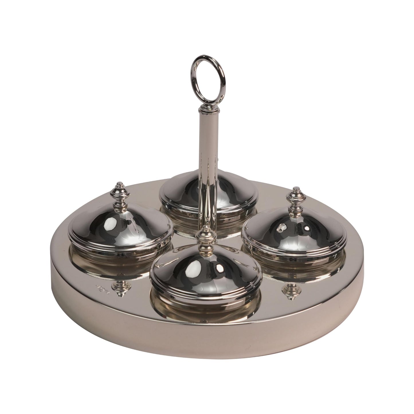 ROUND STAND WITH GLASS BOWLS WITH COVERS / SILVER PLATED