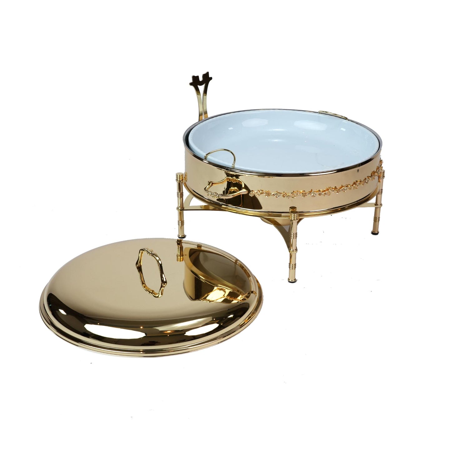 ROUND CHAFING DISH / BUFFET WITH ROSE DECOR DESIGN / GOLD PLATED
