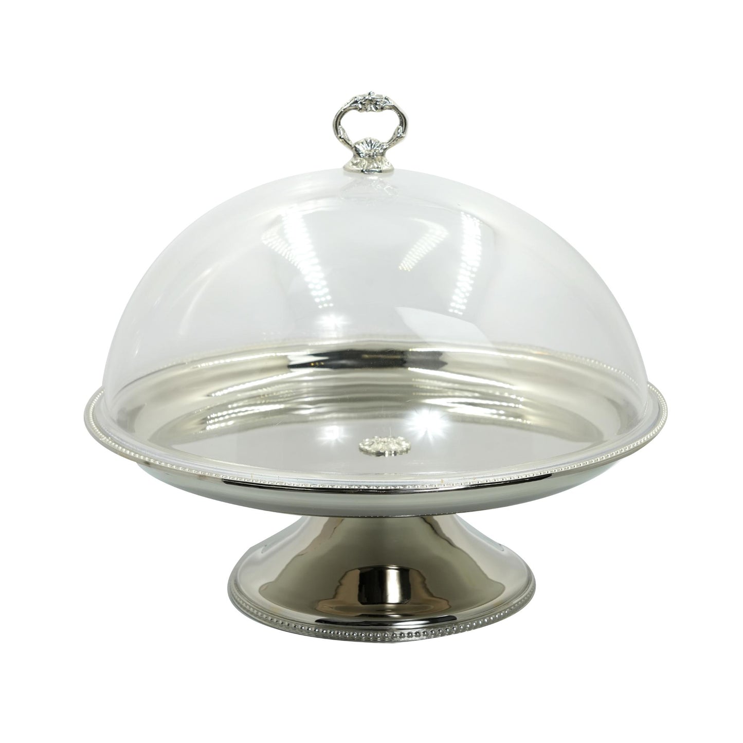 ROUND CAKE STAND , DOTTED DESIGN WITH PLEXI COVER / CHROME FINISH