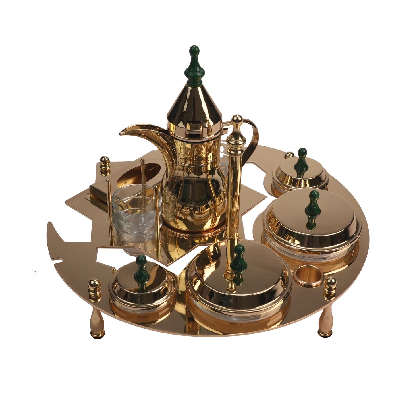 SERVING STAND WITH DALLAH AND DATES BOWLS / GOLD PLATED