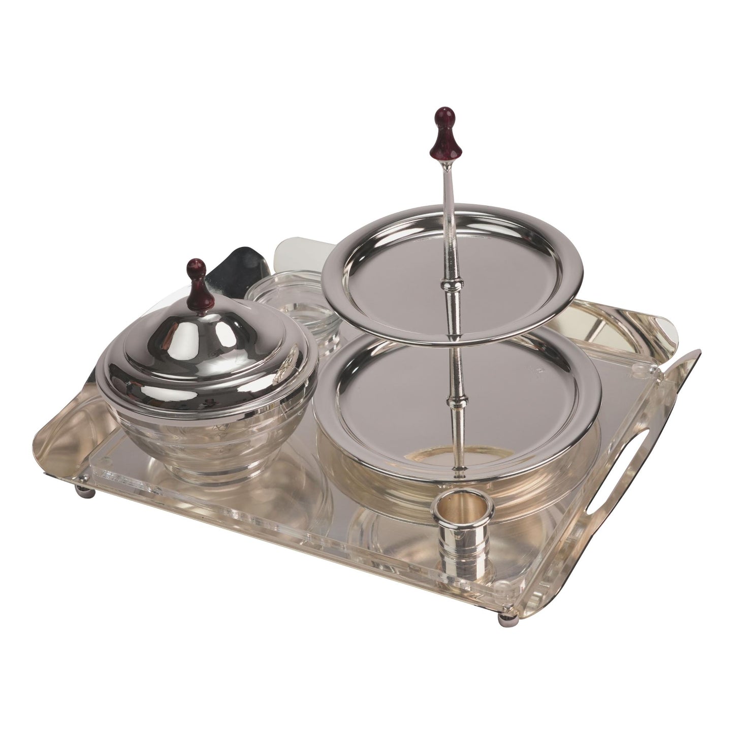 SREVING STAND TRAY WITH BOWL & 2 LAYER JASPER KNOBS DESIGN / SILVER PLATED