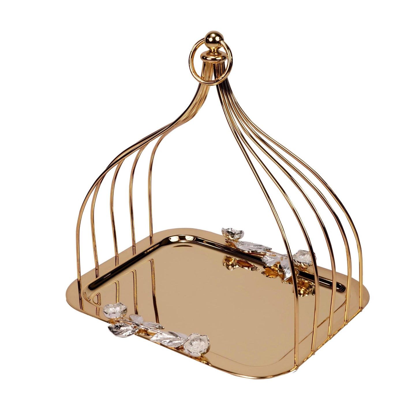 TRAY WITH CAGE SHAPED , SILVER FLOWER DECOR DESIGN / GOLD PLATED