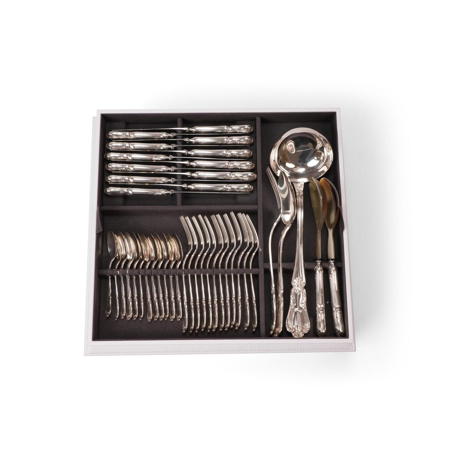 BAROCCO LEATHER WOODEN BOX SILVER CUTTLERY SET FOR 89 PIECES