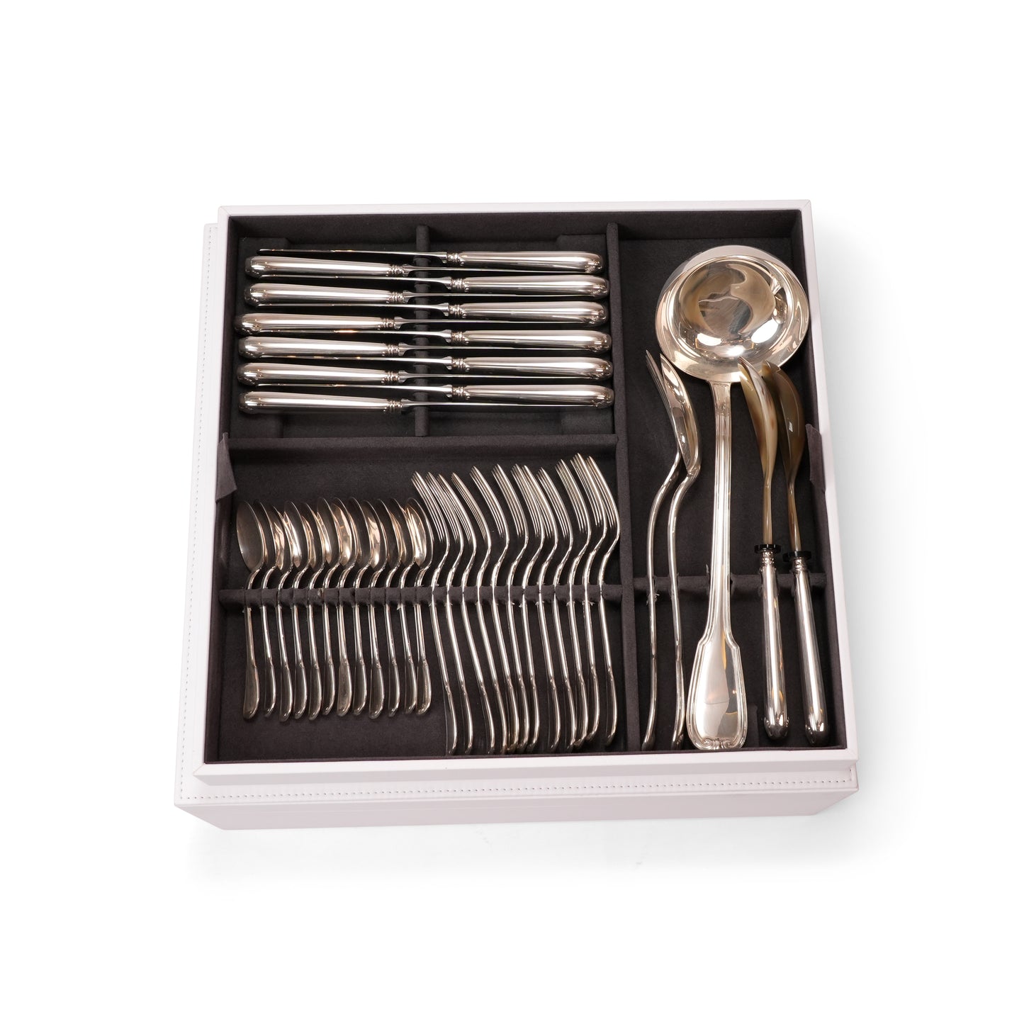 FRANCESE LEATHER WOODEN BOX SILVER CUTTLERY SET FOR 89 PIECES
