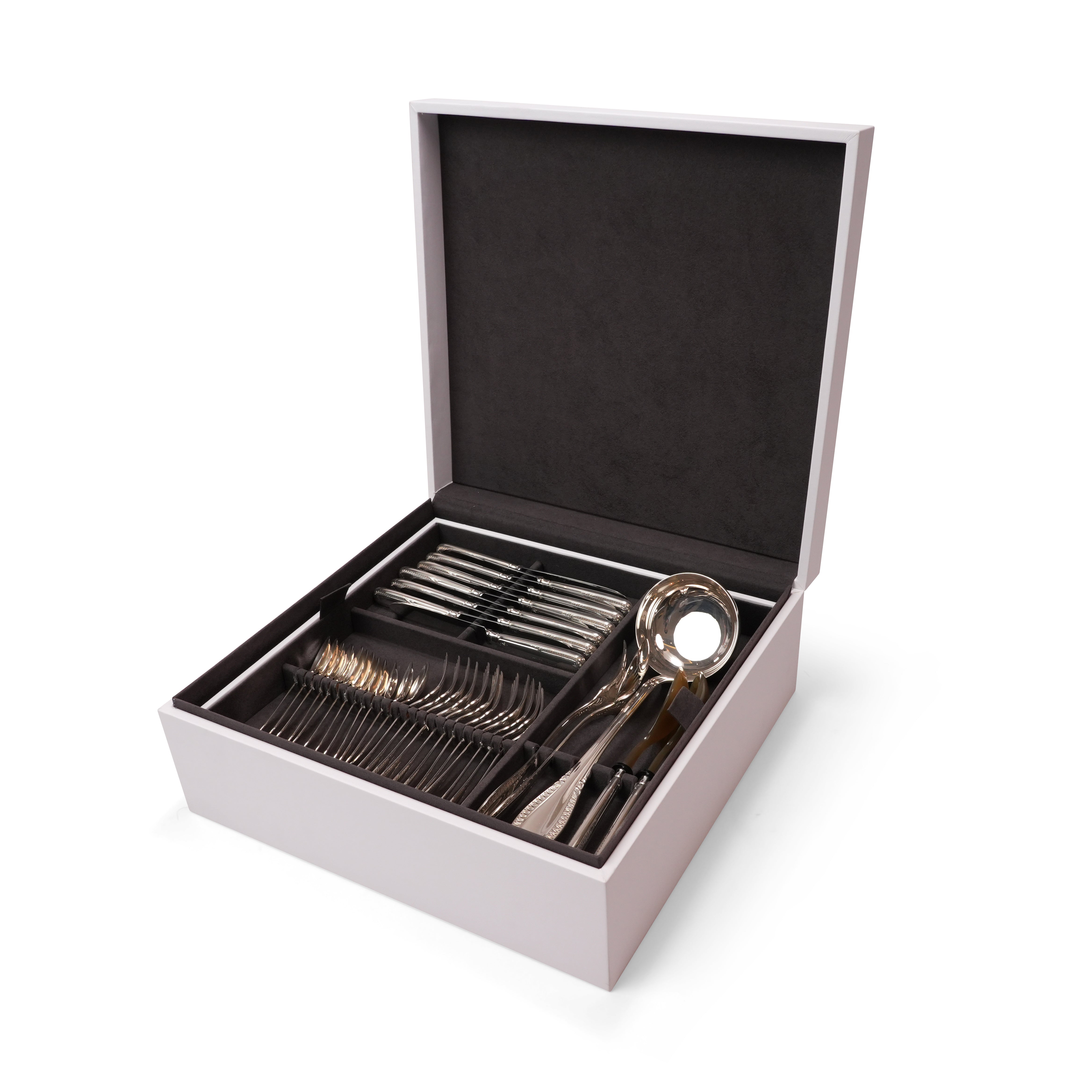 IMPERO LEATHER  WOODEN BOX  SILVER CUTTLERY SET   FOR 89 PIECES