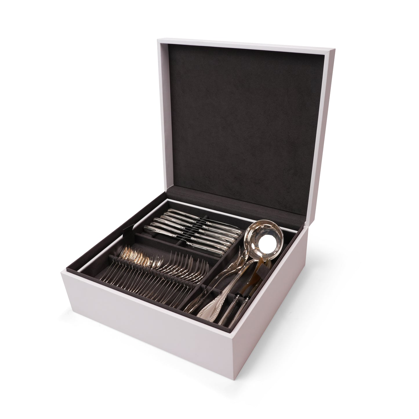 IMPERO LEATHER  WOODEN BOX  SILVER CUTTLERY SET   FOR 89 PIECES