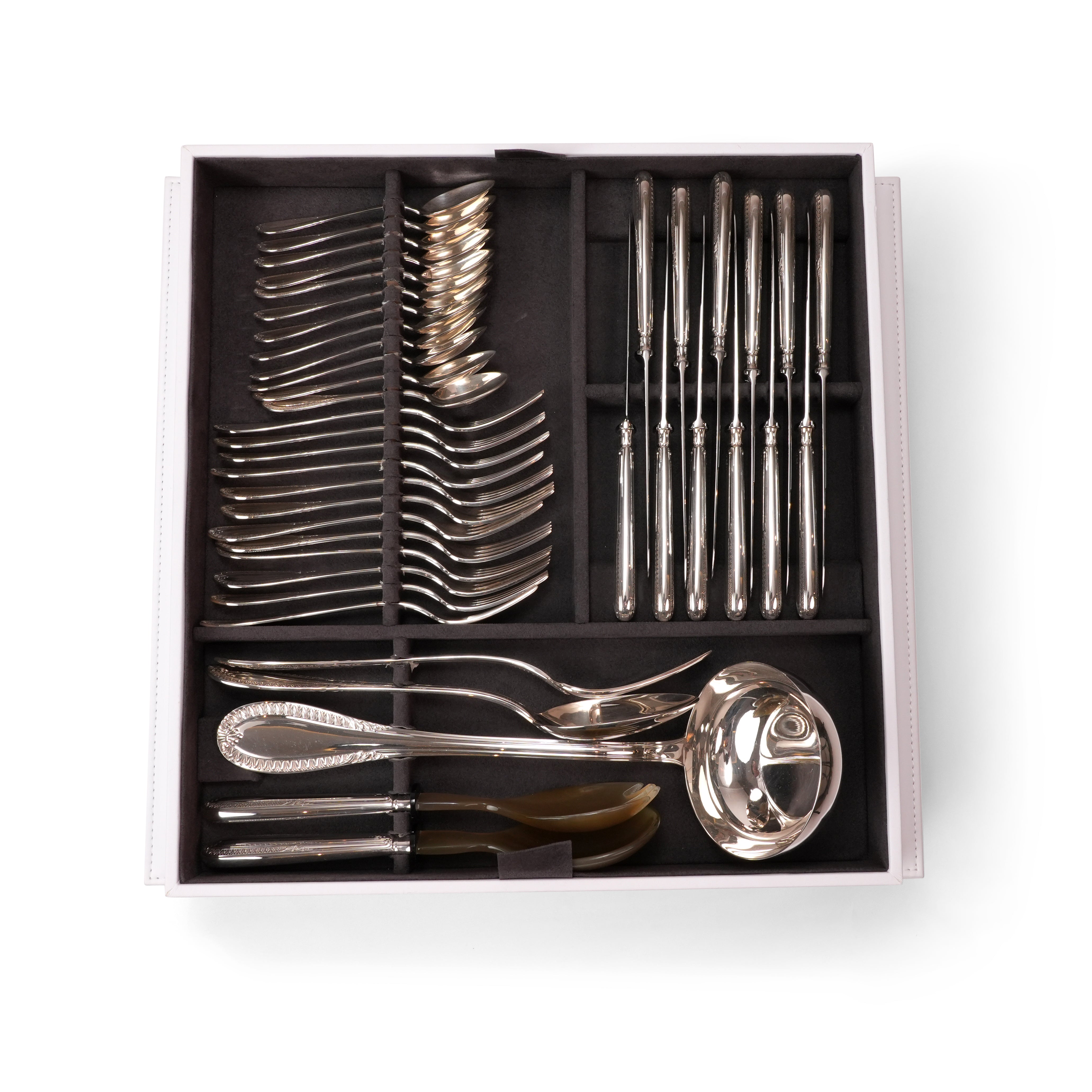 IMPERO LEATHER  WOODEN BOX  SILVER CUTTLERY SET   FOR 89 PIECES