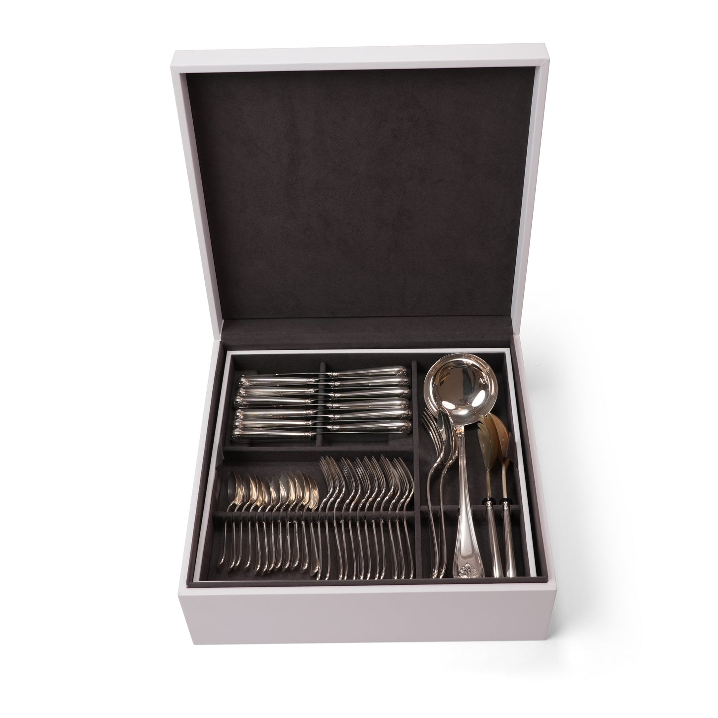 FOGILA  LEATHER  WOODEN BOX  SILVER  CUTTLERY SET  FOR 89 PIECES