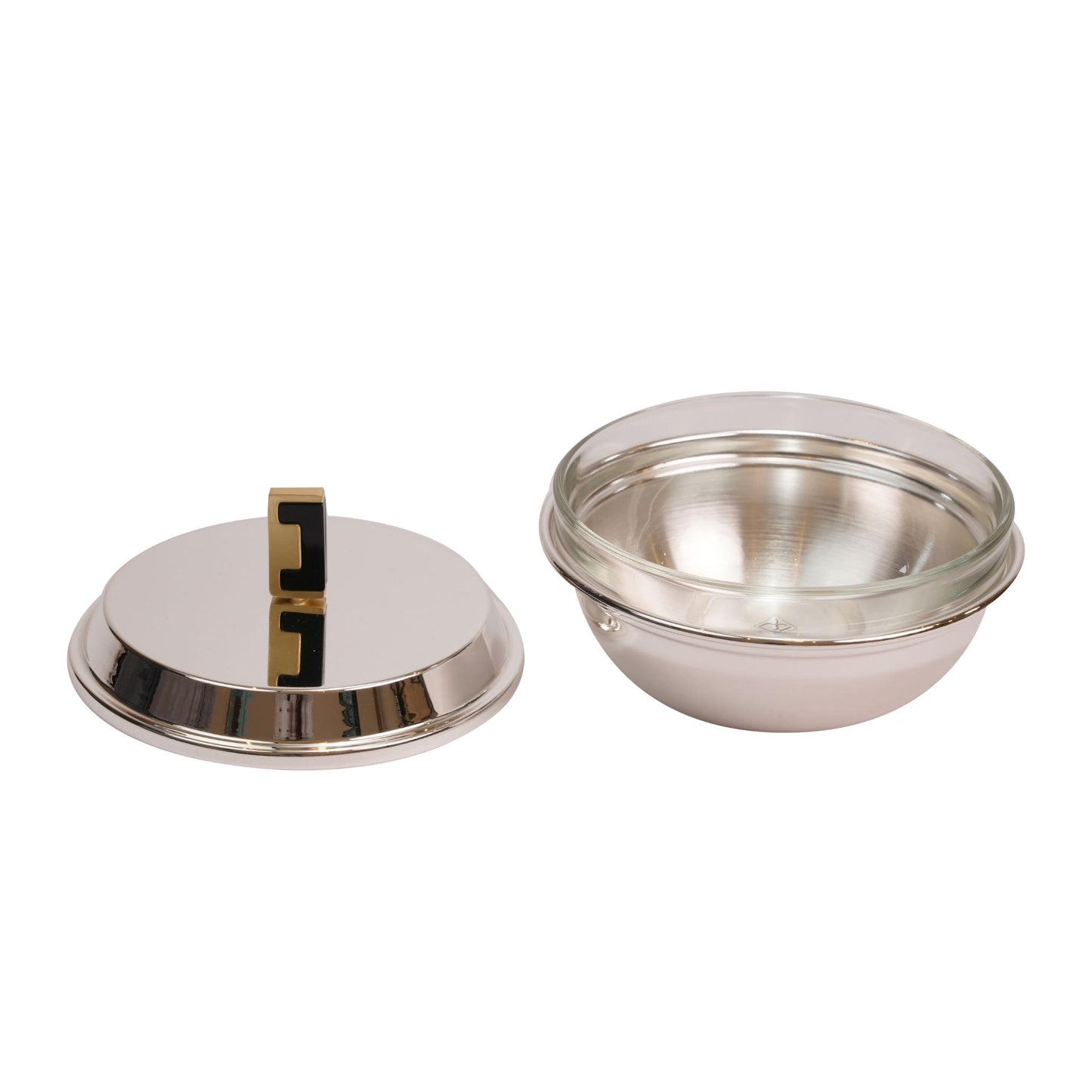 GLASS BOWL ,  METAL CASE WITH COVER / SILVER PLATED