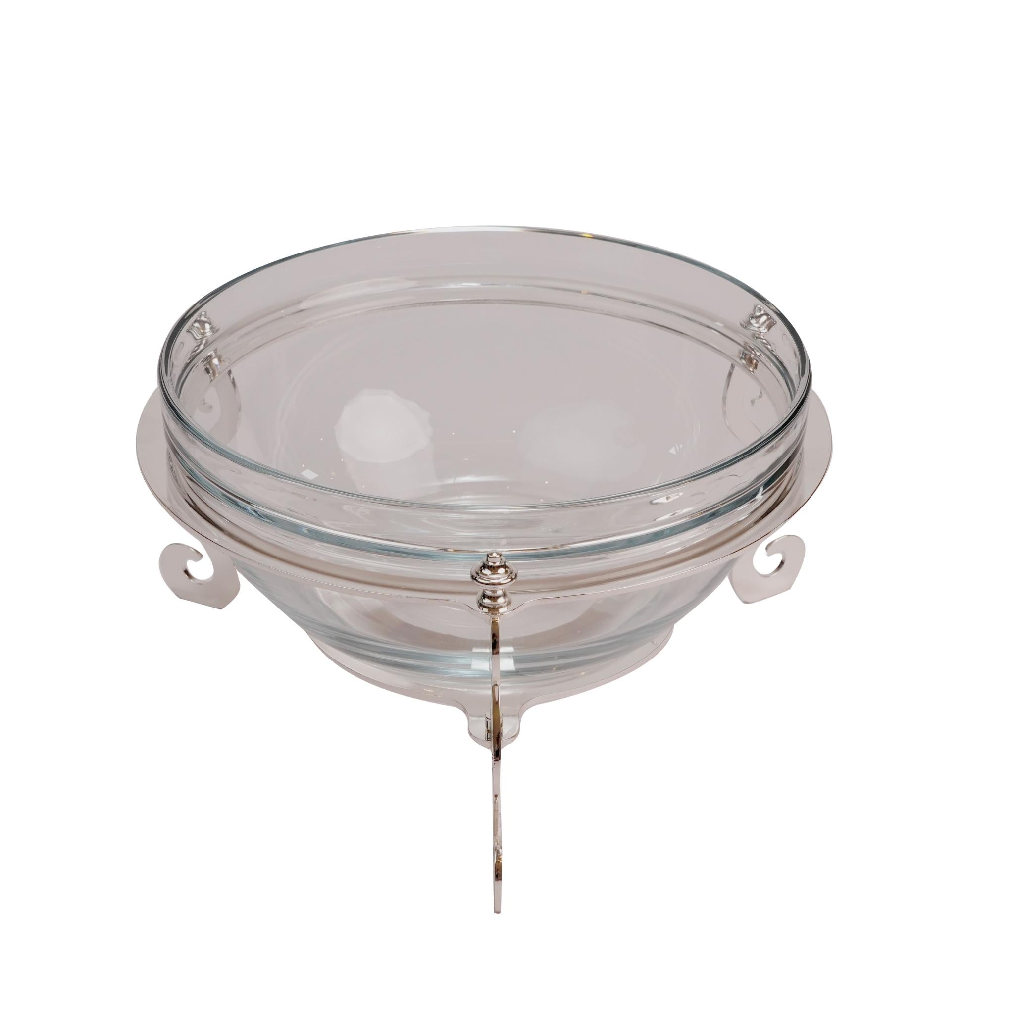 ROUND PYREX  BOWL FOR SALAD / SILVER PLATED