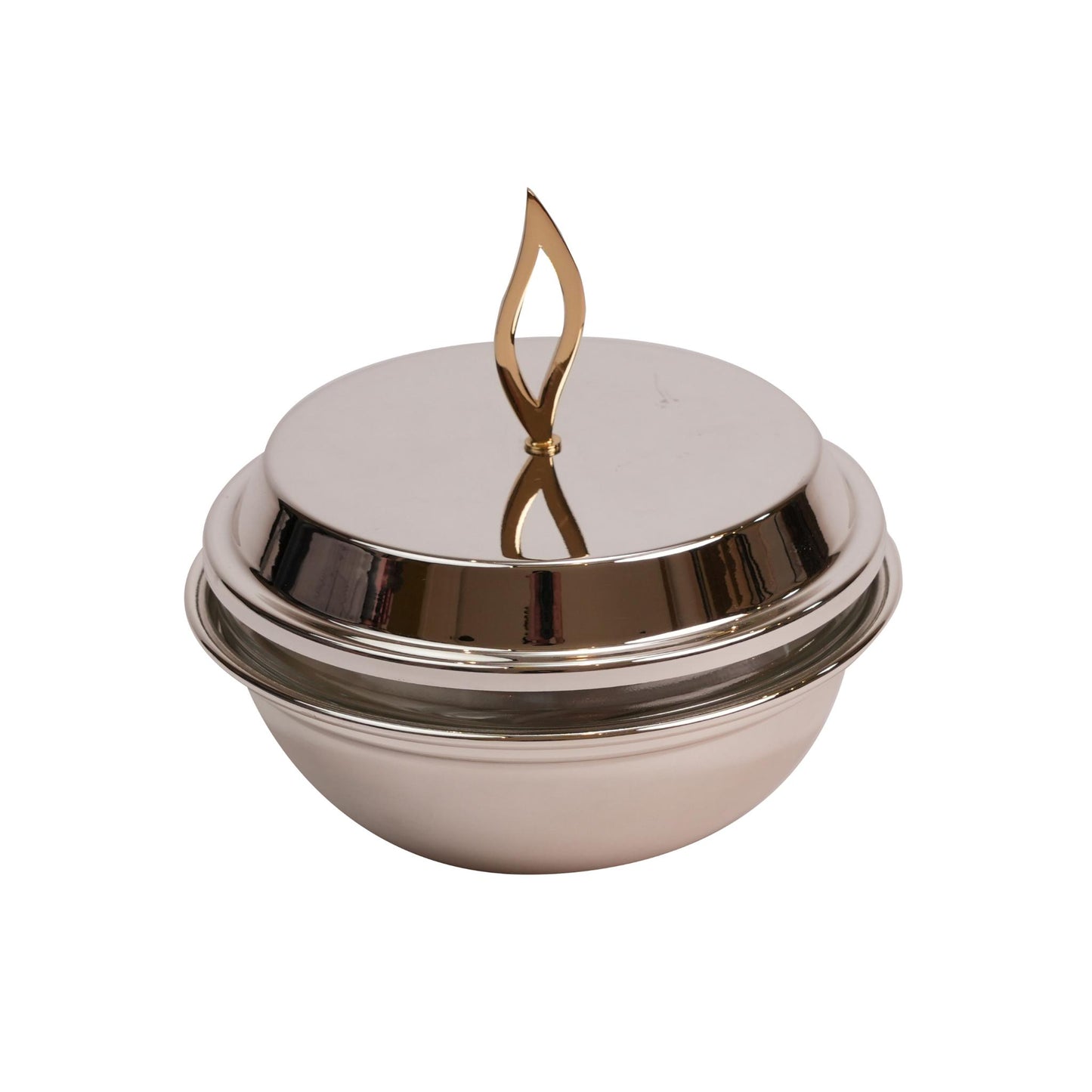 GLASS  BOWL ,  GOLD FLAME DESIGN  / SILVER PLATED