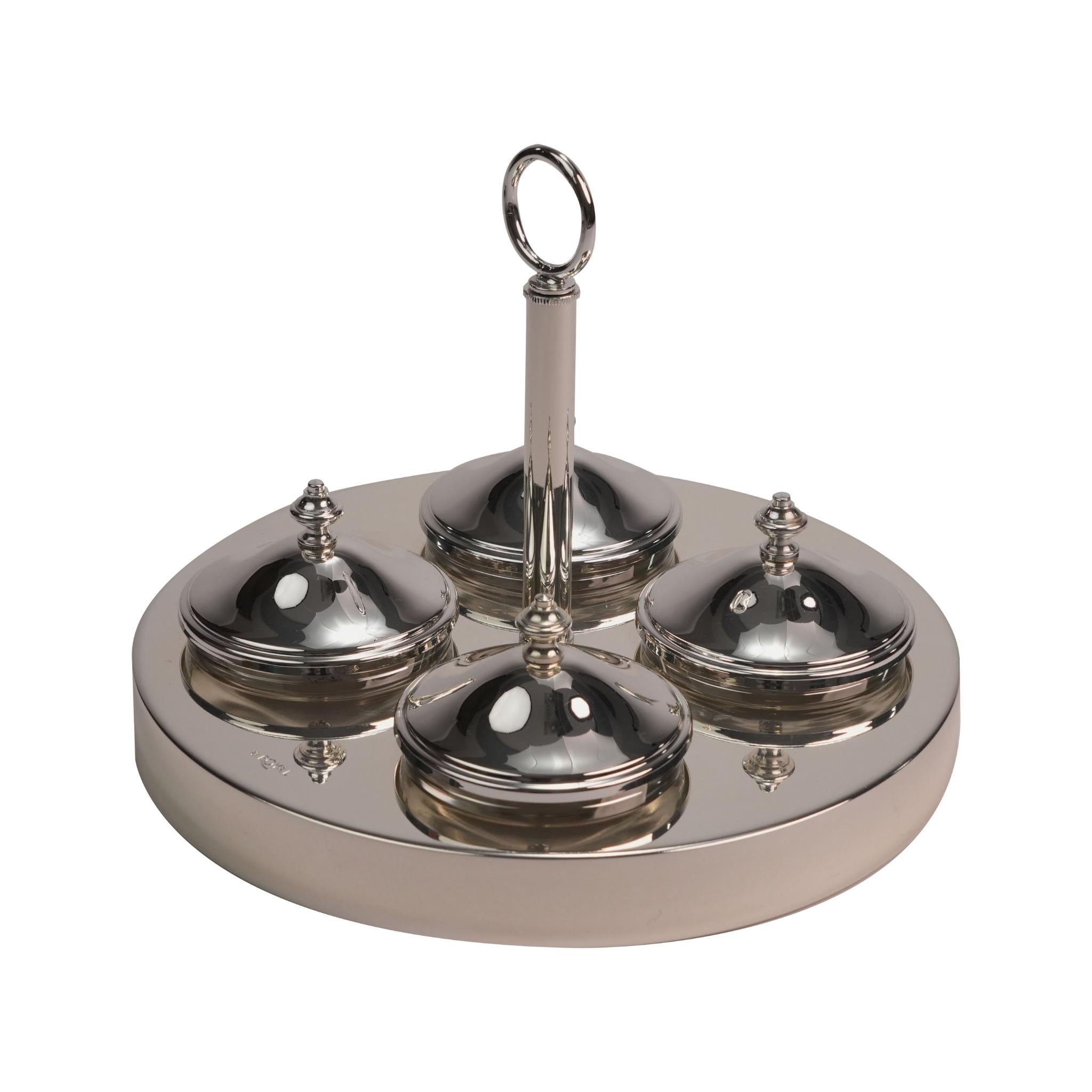 ROUND STAND WITH GLASS BOWLS  WITH COVERS / SILVER PLATED