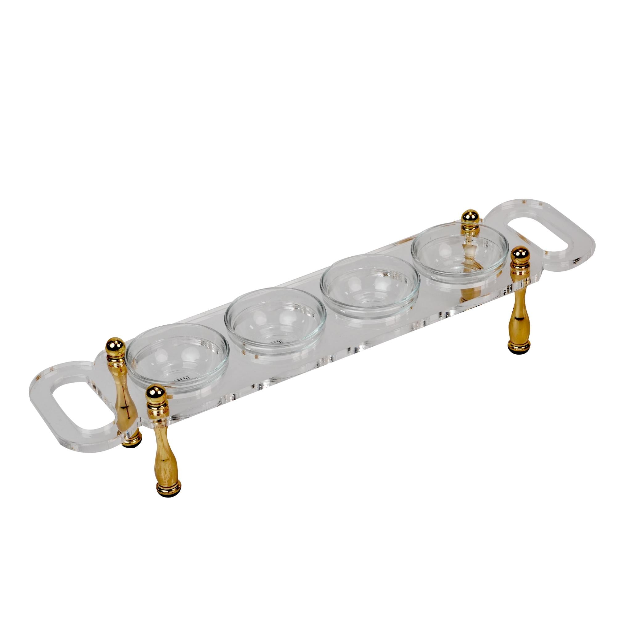 PLEXI TRAY  WITH 4 BOWLS WITHOUT COVER  / GOLD PLATED LEGS