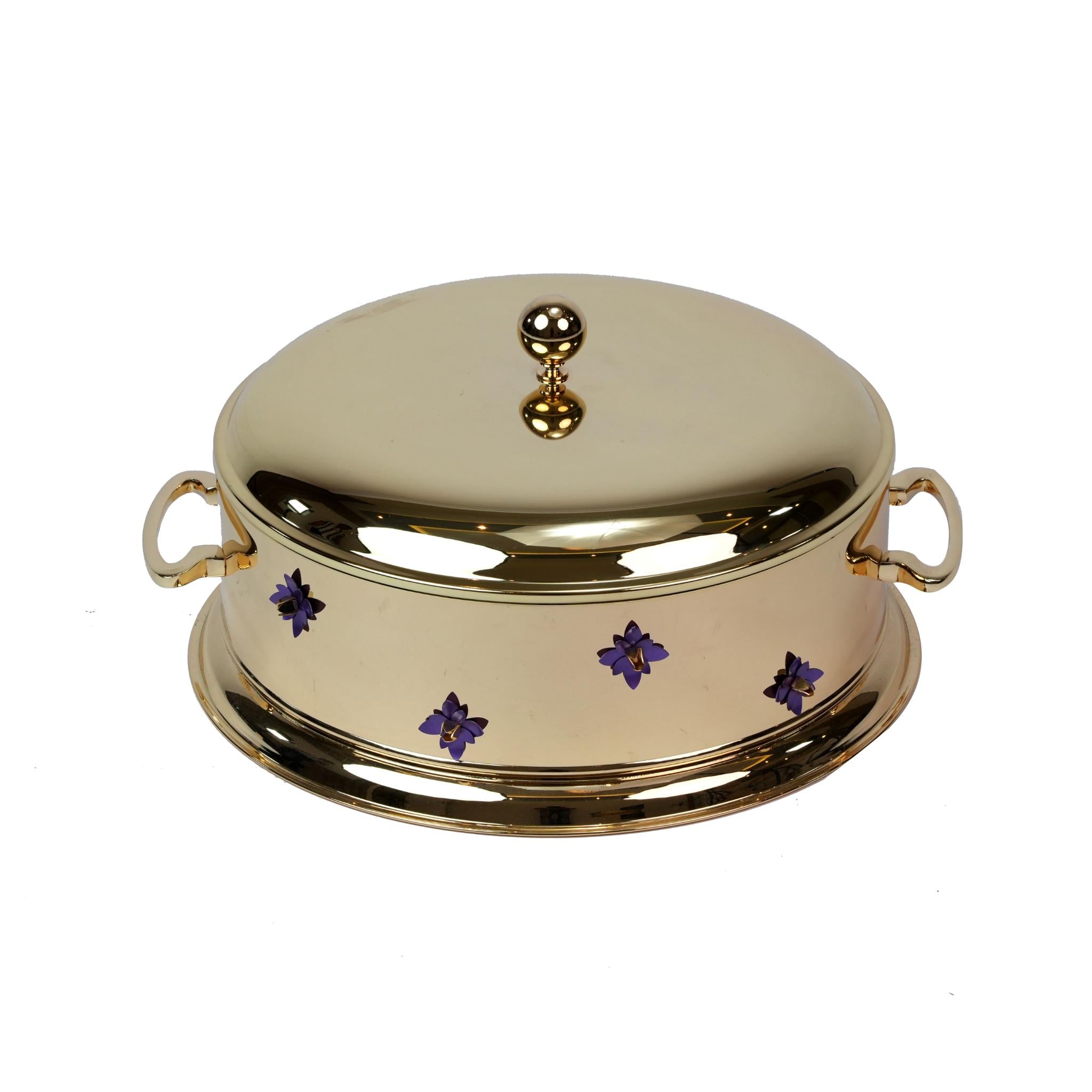 BIG ROUND CASSEROLE WITH PURPLE FLOWERS DESIGN - GOLD PLATED