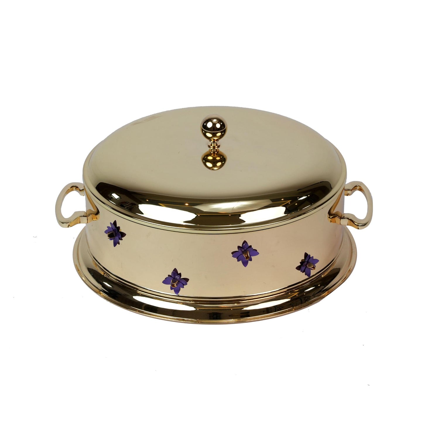 BIG ROUND CASSEROLE WITH PURPLE FLOWERS DESIGN - GOLD PLATED