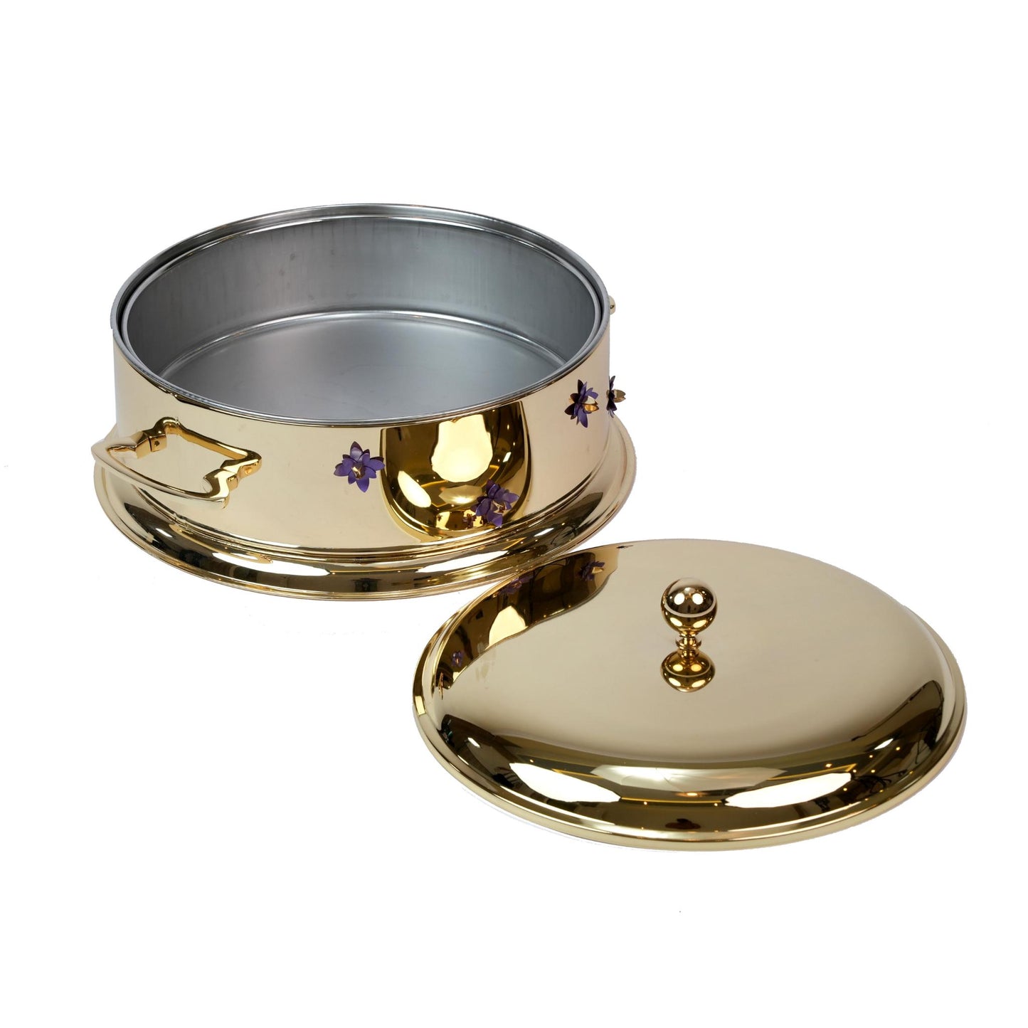 BIG ROUND CASSEROLE WITH PURPLE FLOWERS DESIGN - GOLD PLATED
