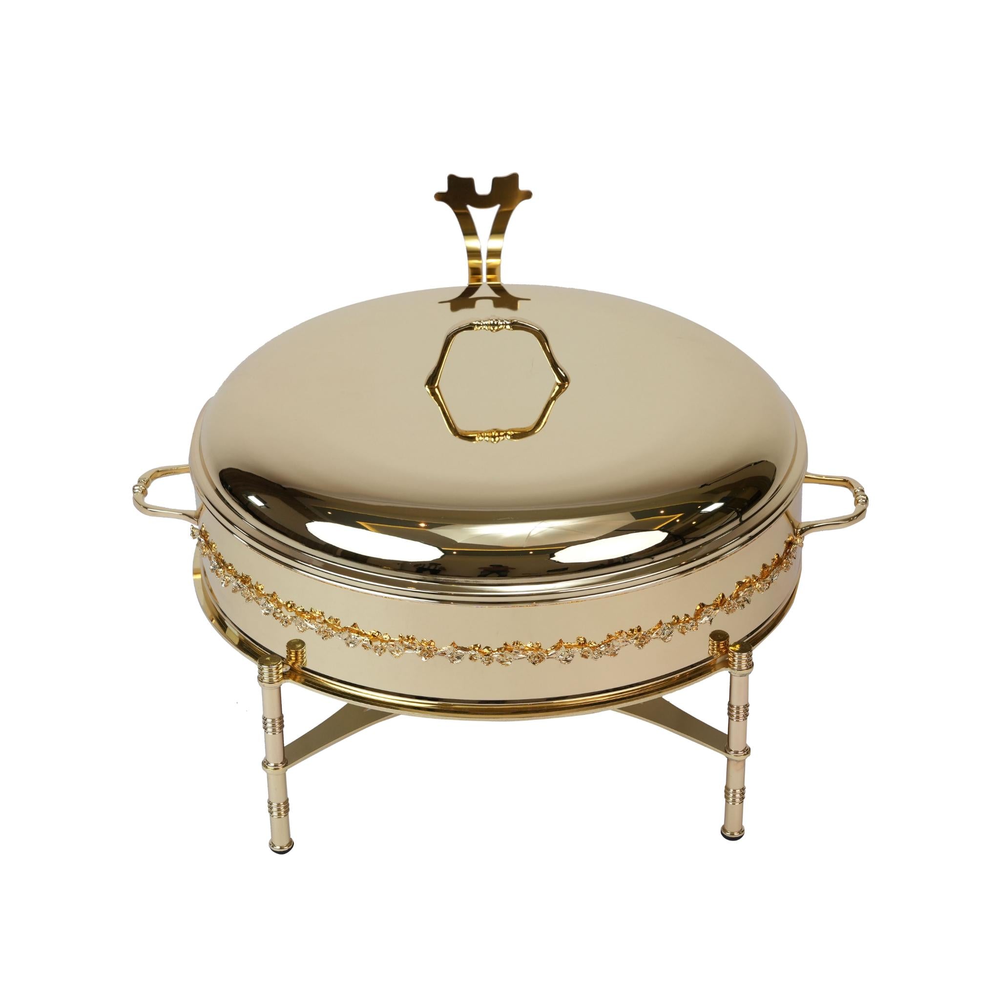ROUND  CHAFING DISH / BUFFET WITH ROSE DECOR DESIGN / GOLD PLATED