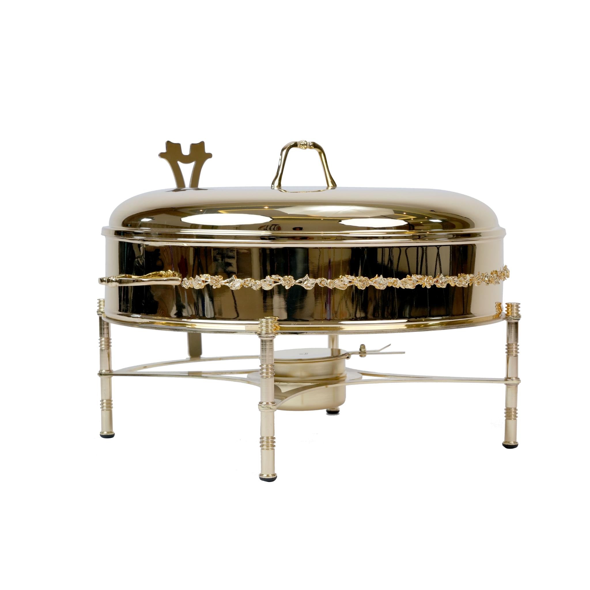 ROUND  CHAFING DISH / BUFFET WITH ROSE DECOR DESIGN / GOLD PLATED