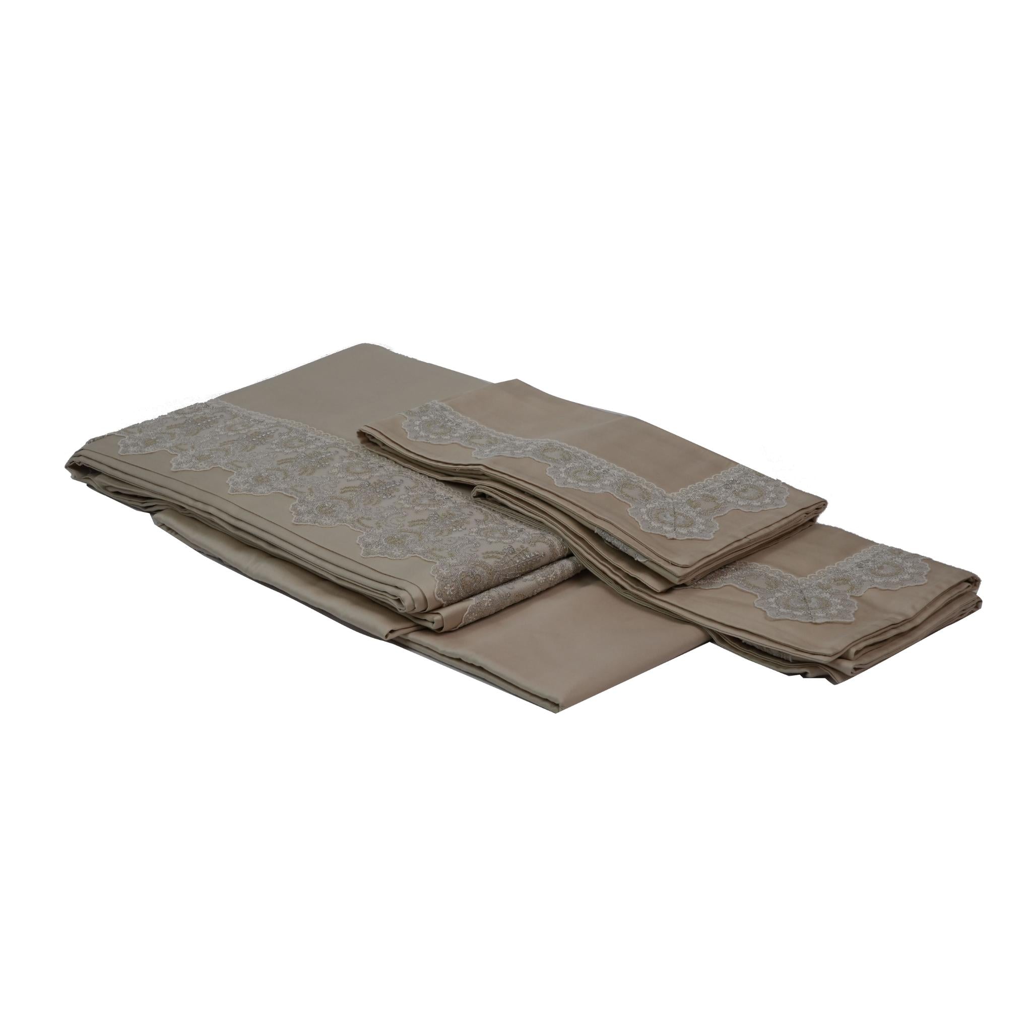 SHEET SET AMALFI BEIGE  WITH SILVER LACE