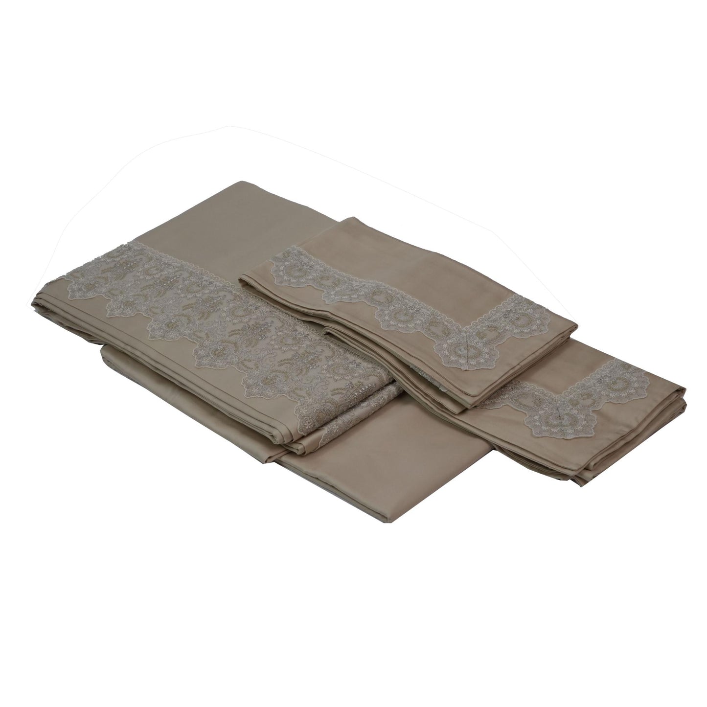 SHEET SET AMALFI BEIGE  WITH SILVER LACE