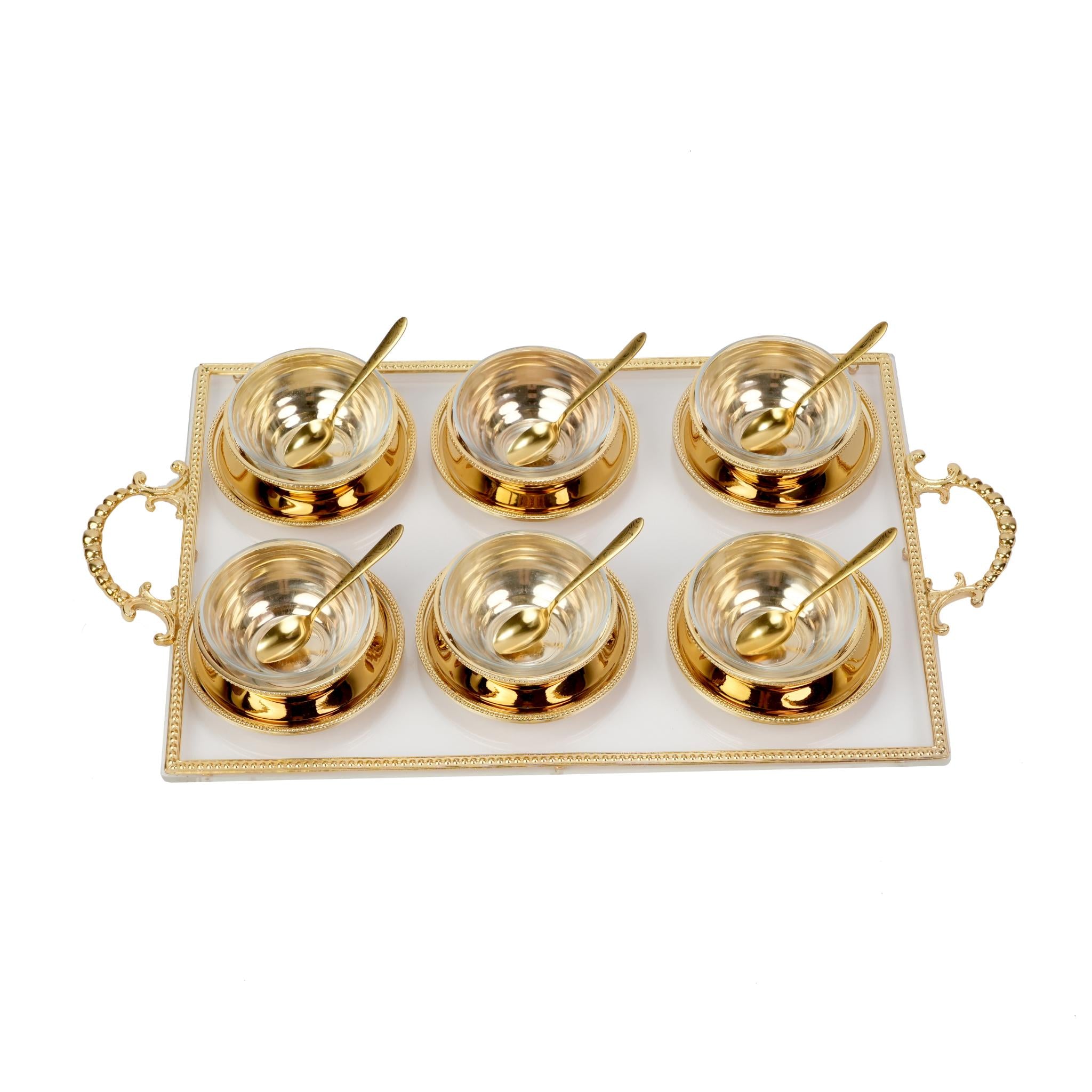 MEGHLI GLASS BOWLS WITH PLEXI TRAY AND SPOONS / DOTTED  DESIGN