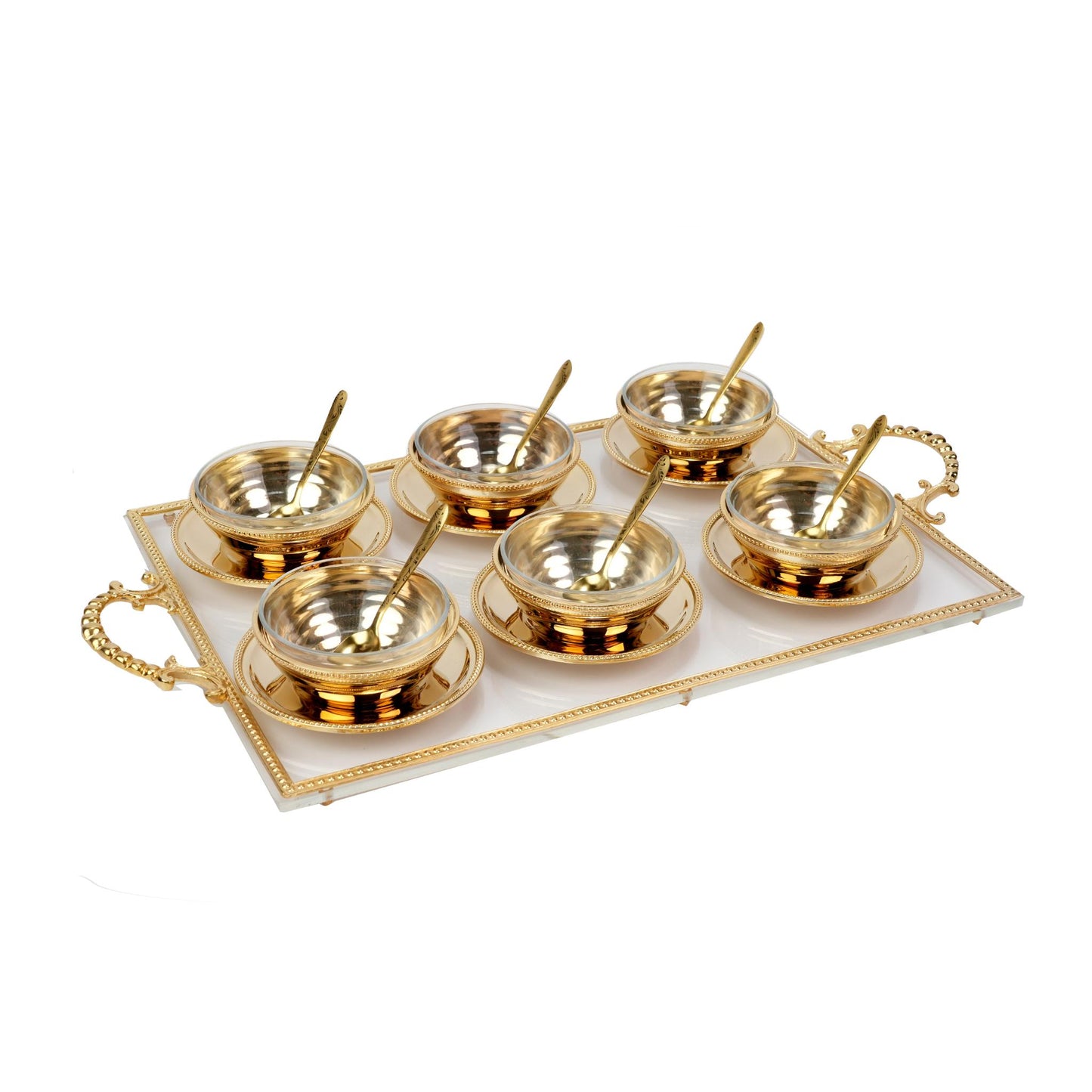 MEGHLI GLASS BOWLS WITH PLEXI TRAY AND SPOONS / DOTTED  DESIGN