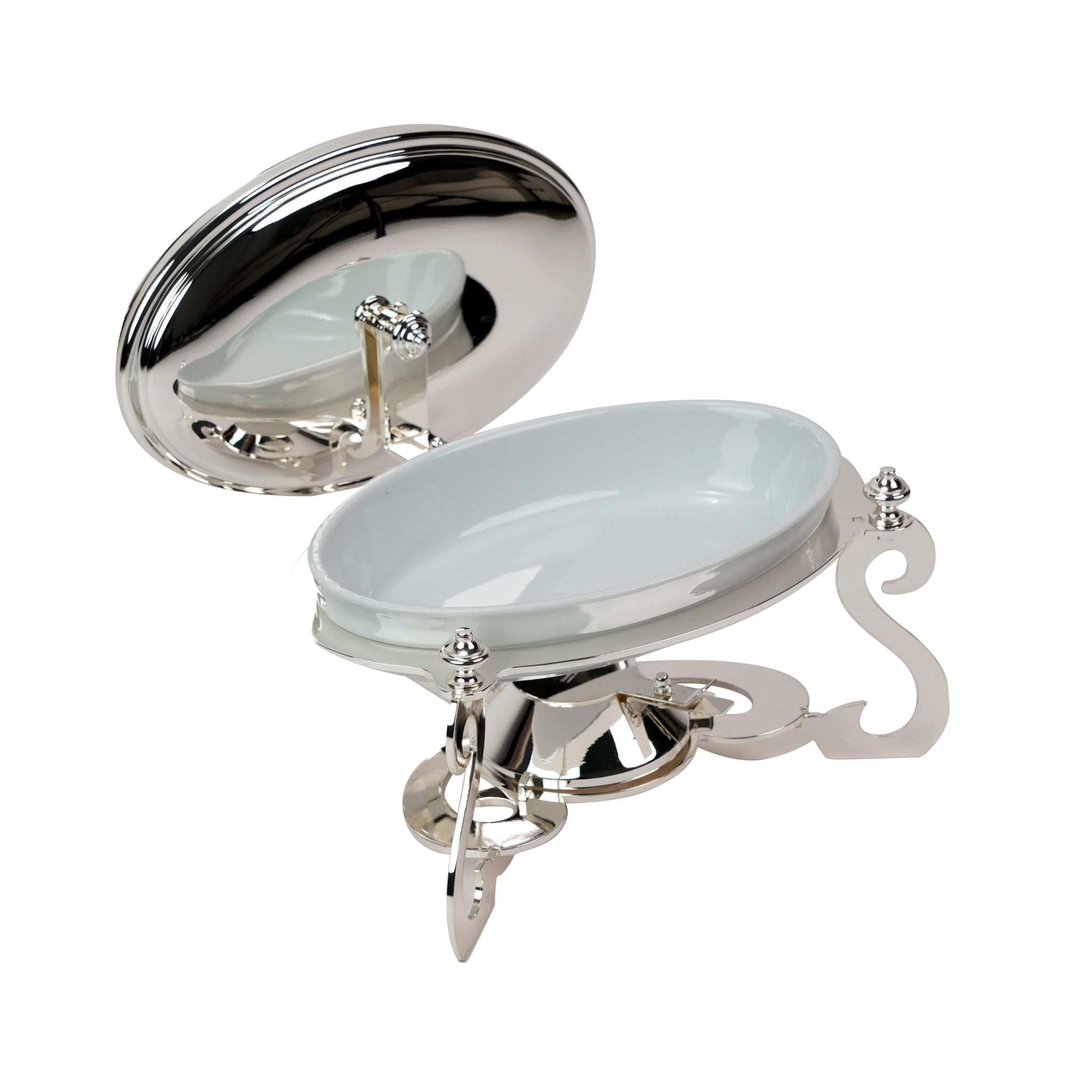OVAL PORCELAIN BOWL WITH CANDLE  STAND WITH COVER / SILVER PLATED