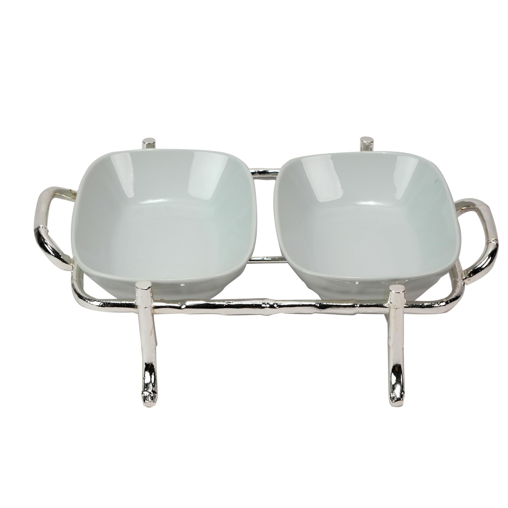 STAND FOR APETIZERS WITH 2 RECTANGULAR PORCELAIN BOWLS