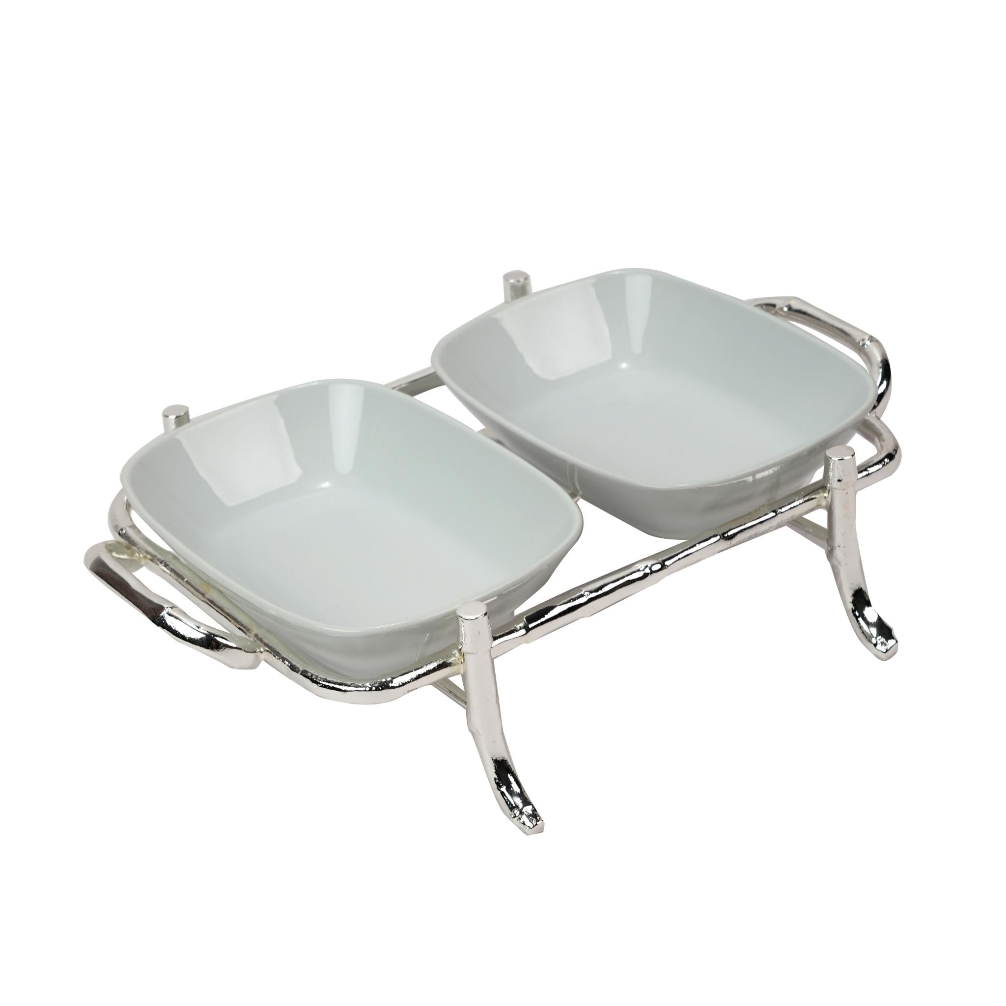 STAND FOR APETIZERS WITH 2 RECTANGULAR PORCELAIN BOWLS