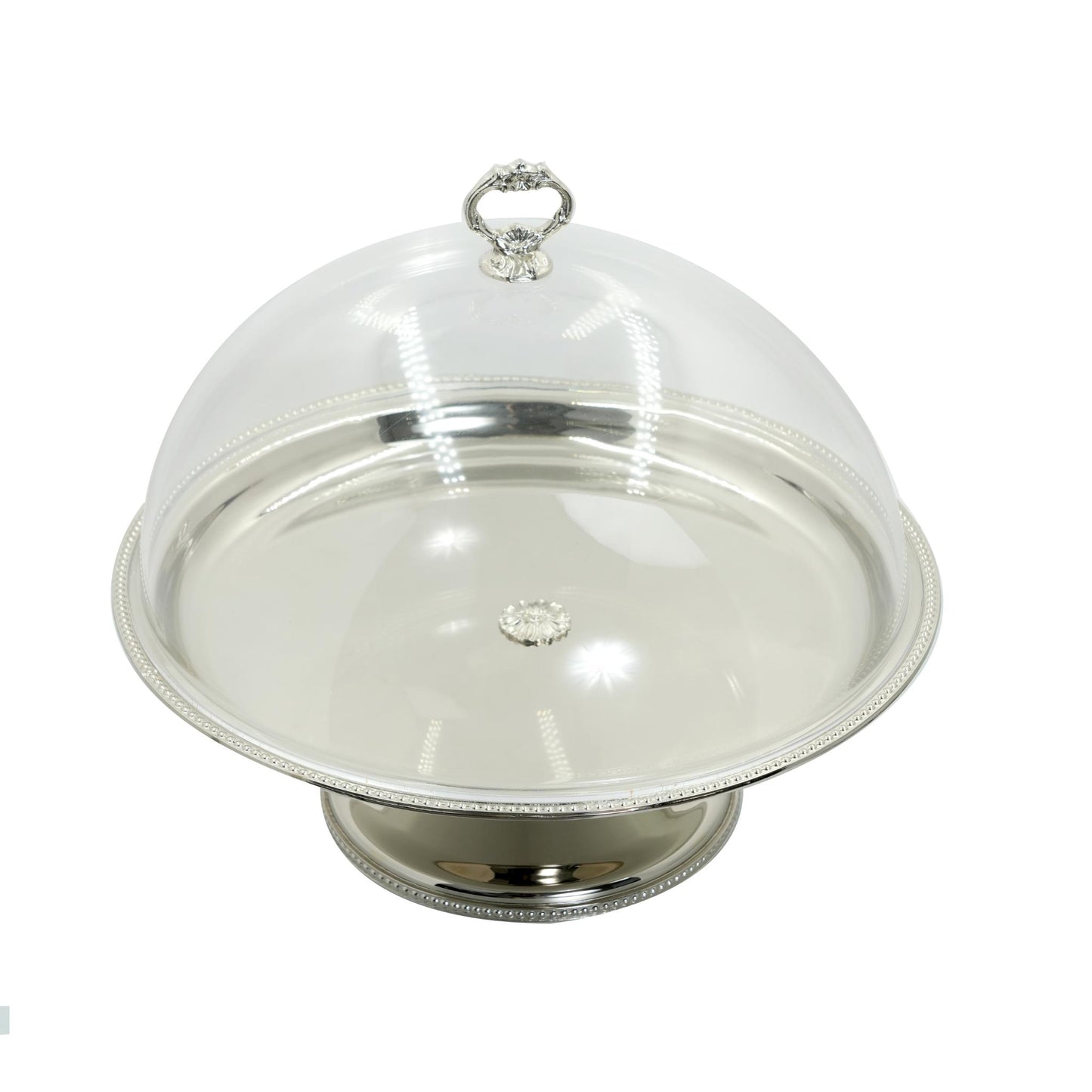 ROUND CAKE STAND  , DOTTED  DESIGN  WITH PLEXI COVER / CHROME FINISH