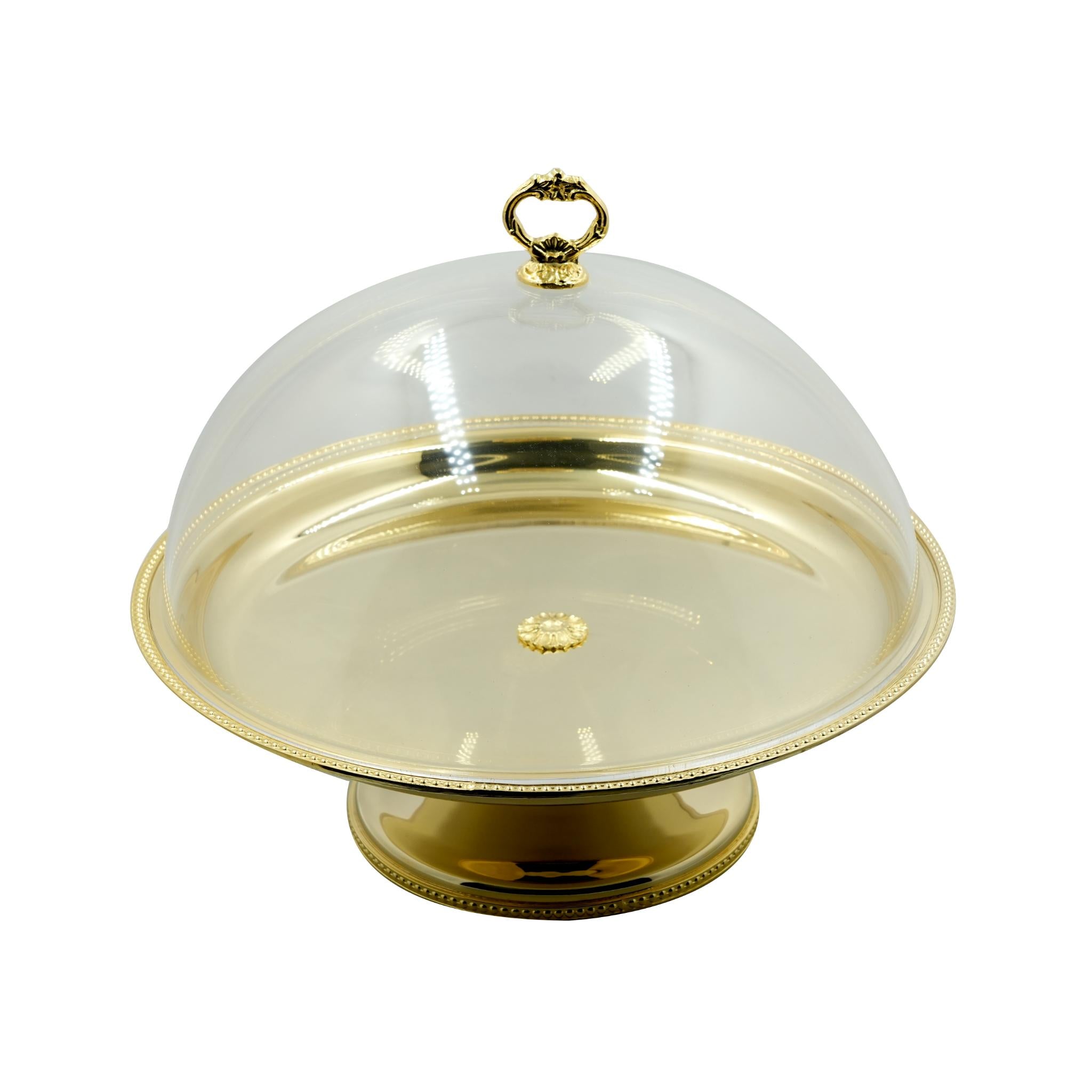 ROUND CAKE STAND  , DOTTED  DESIGN  WITH PLEXI COVER / GOLD COLOR  FINISH