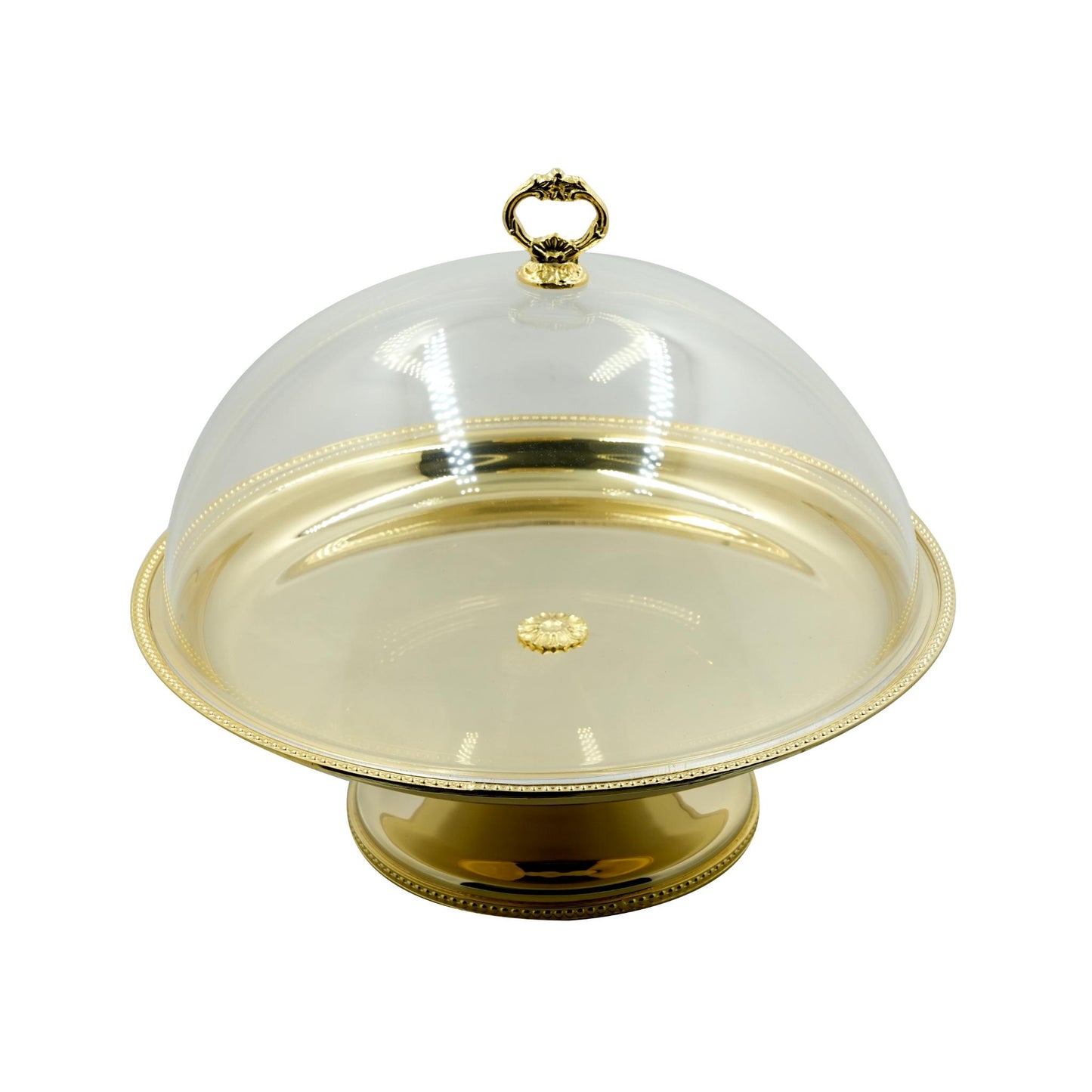 ROUND CAKE STAND  , DOTTED  DESIGN  WITH PLEXI COVER / GOLD COLOR  FINISH