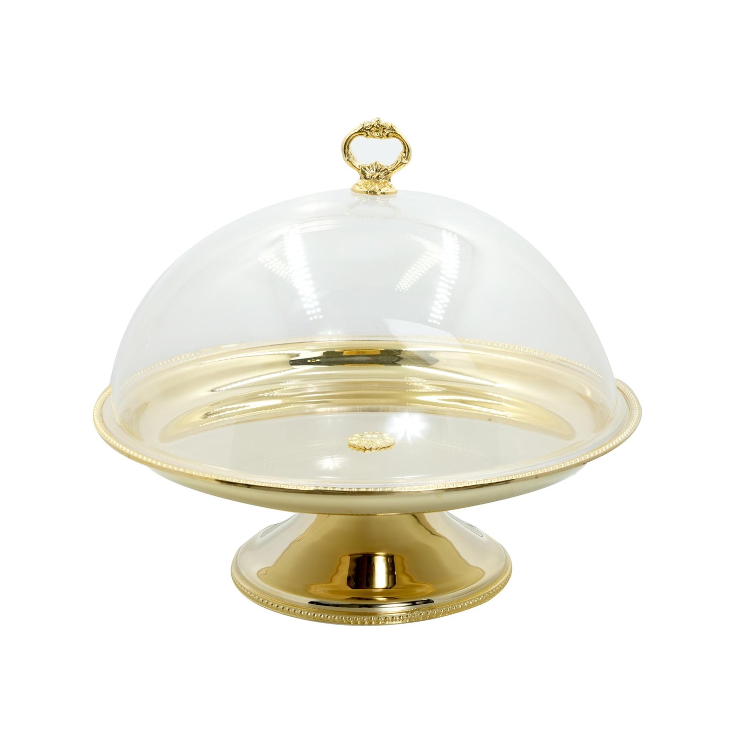 ROUND CAKE STAND  , DOTTED  DESIGN  WITH PLEXI COVER / GOLD COLOR  FINISH