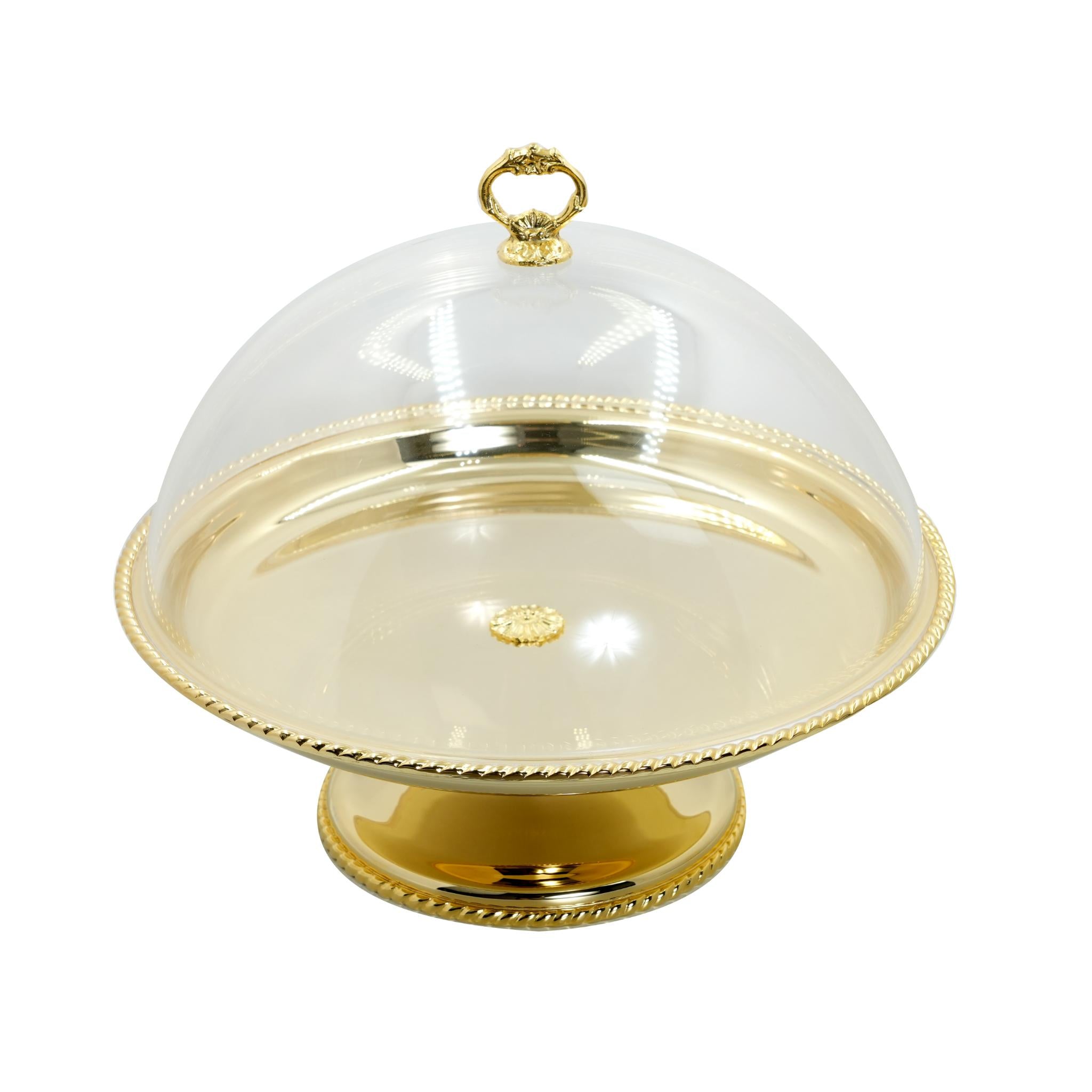 ROUND CAKE STAND  , HABLA DESIGN  WITH PLEXI COVER / GOLD COLOR  FINISH