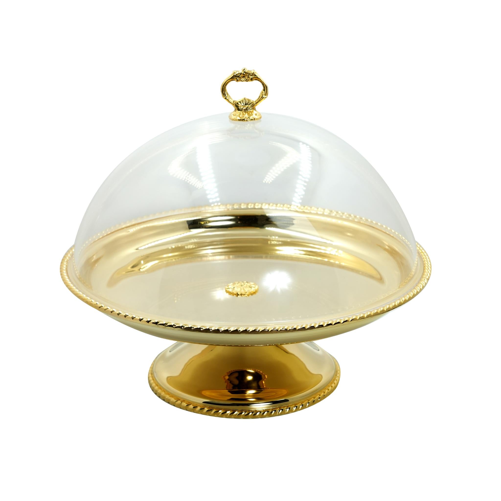 ROUND CAKE STAND  , HABLA DESIGN  WITH PLEXI COVER / GOLD COLOR  FINISH
