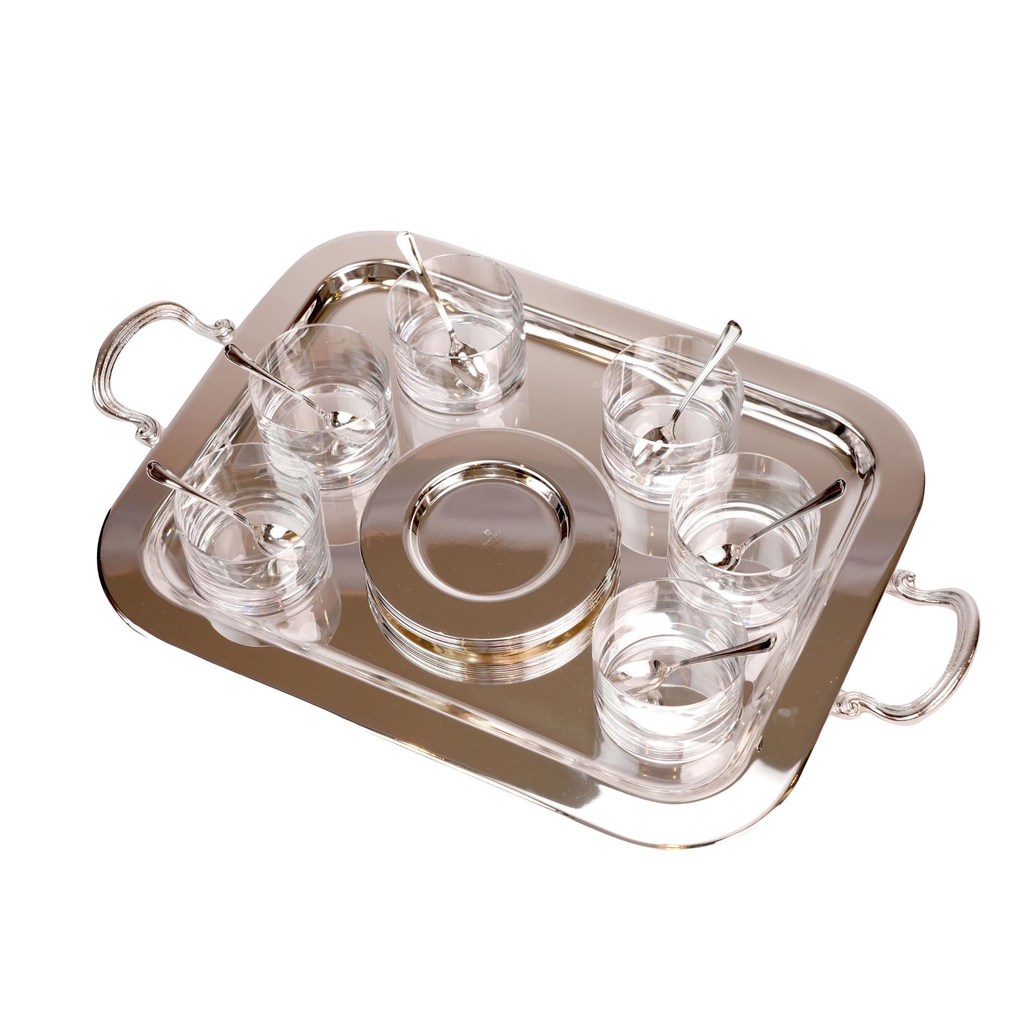 DESSERT GLASS BOWLS WITH SERVING TRAY / SILVER PLATED