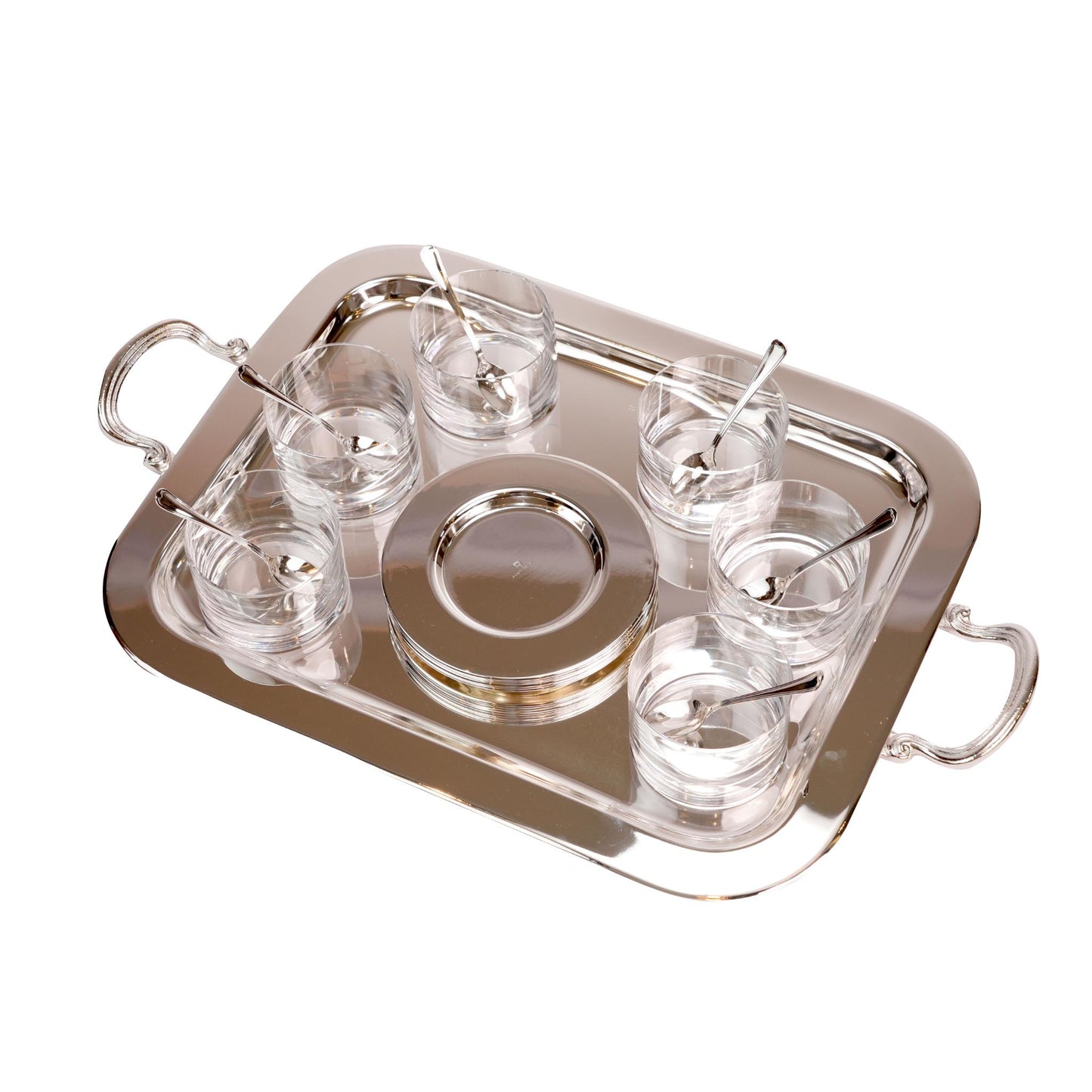 DESSERT GLASS BOWLS WITH SERVING TRAY / SILVER PLATED
