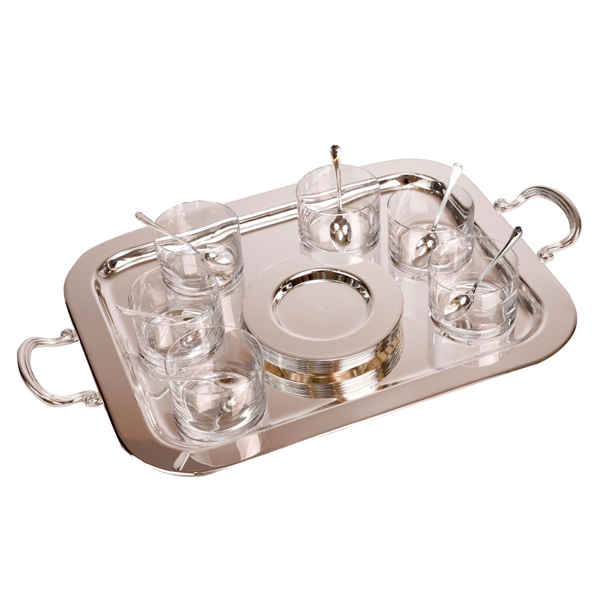 DESSERT GLASS BOWLS WITH SERVING TRAY / SILVER PLATED