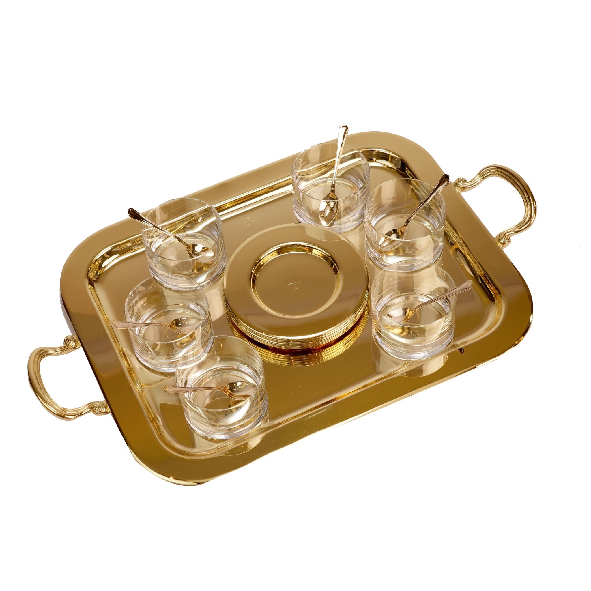 DESSERT GLASS BOWLS WITH SERVING TRAY / GOLD PLATED