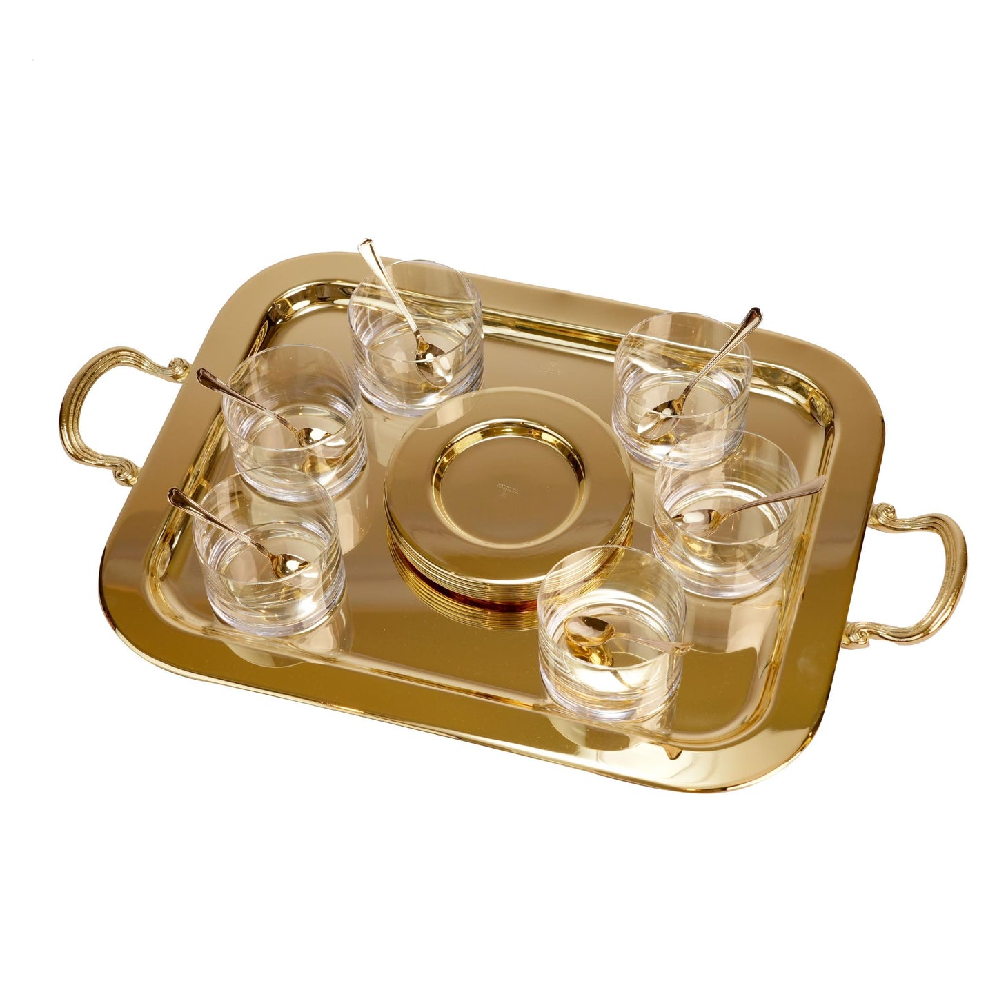 DESSERT GLASS BOWLS WITH SERVING TRAY / GOLD PLATED