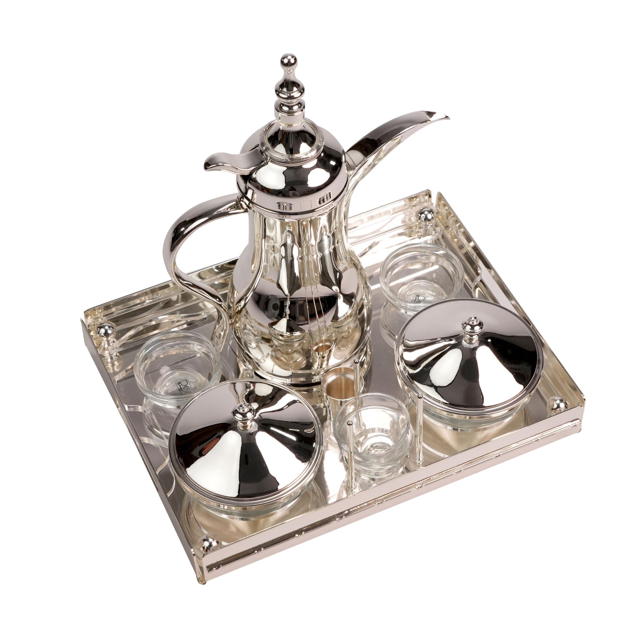 TRAY FOR  DHALLA & COFFEE CUP / DATES BOWLS  ,  BORDOUR DESIGN / SILVER PLATED