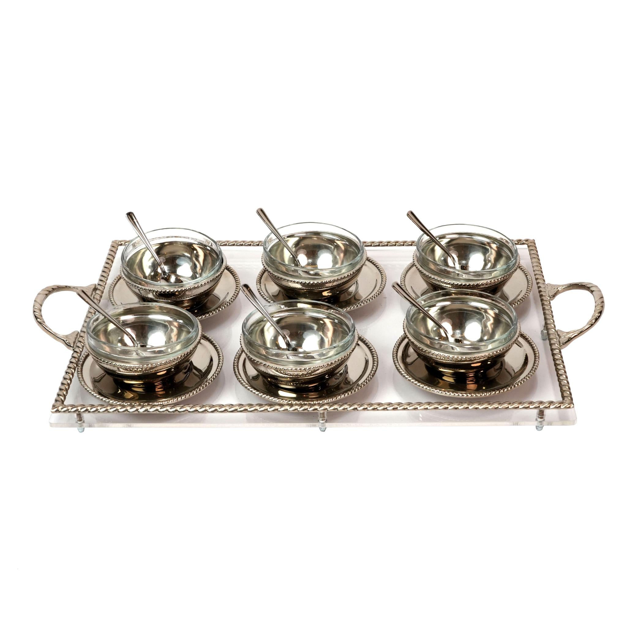 MEGHLI  GLASS BOWLS WITH PLEXI TRAY AND SPOONS SILVER