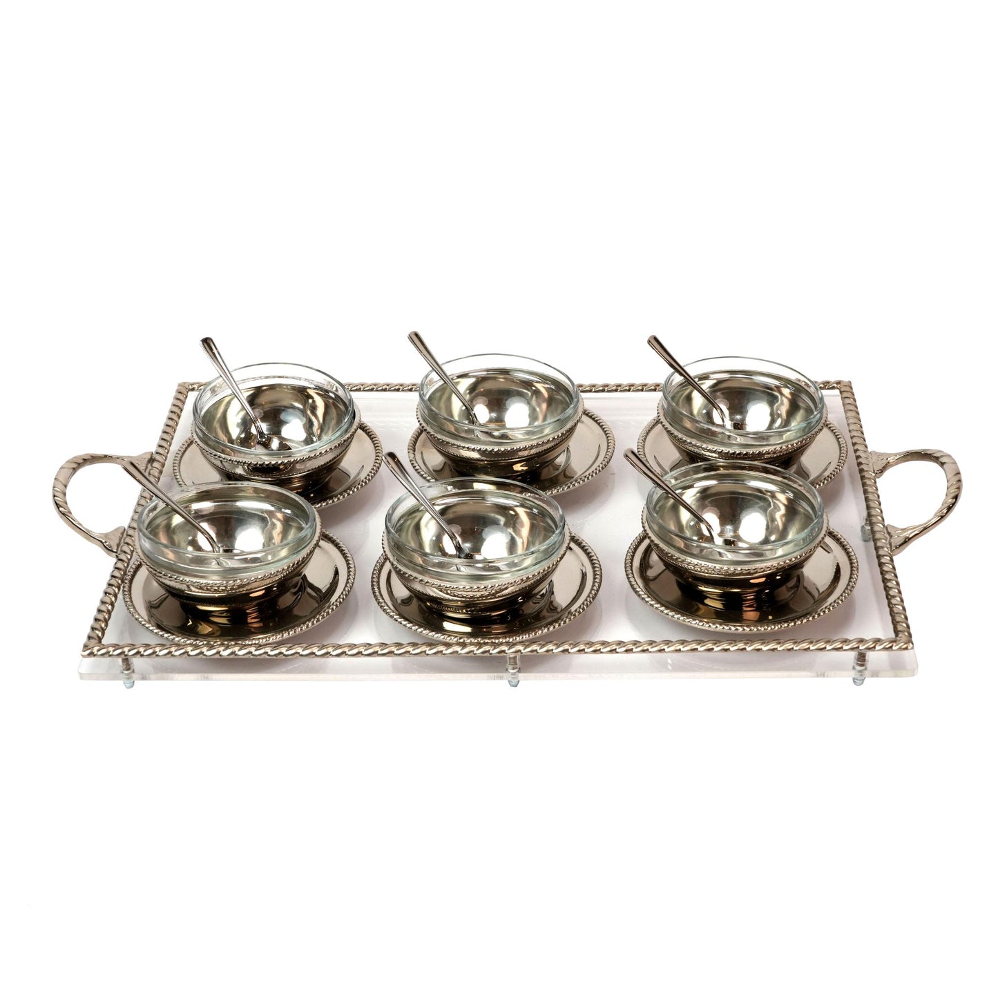 MEGHLI  GLASS BOWLS WITH PLEXI TRAY AND SPOONS SILVER