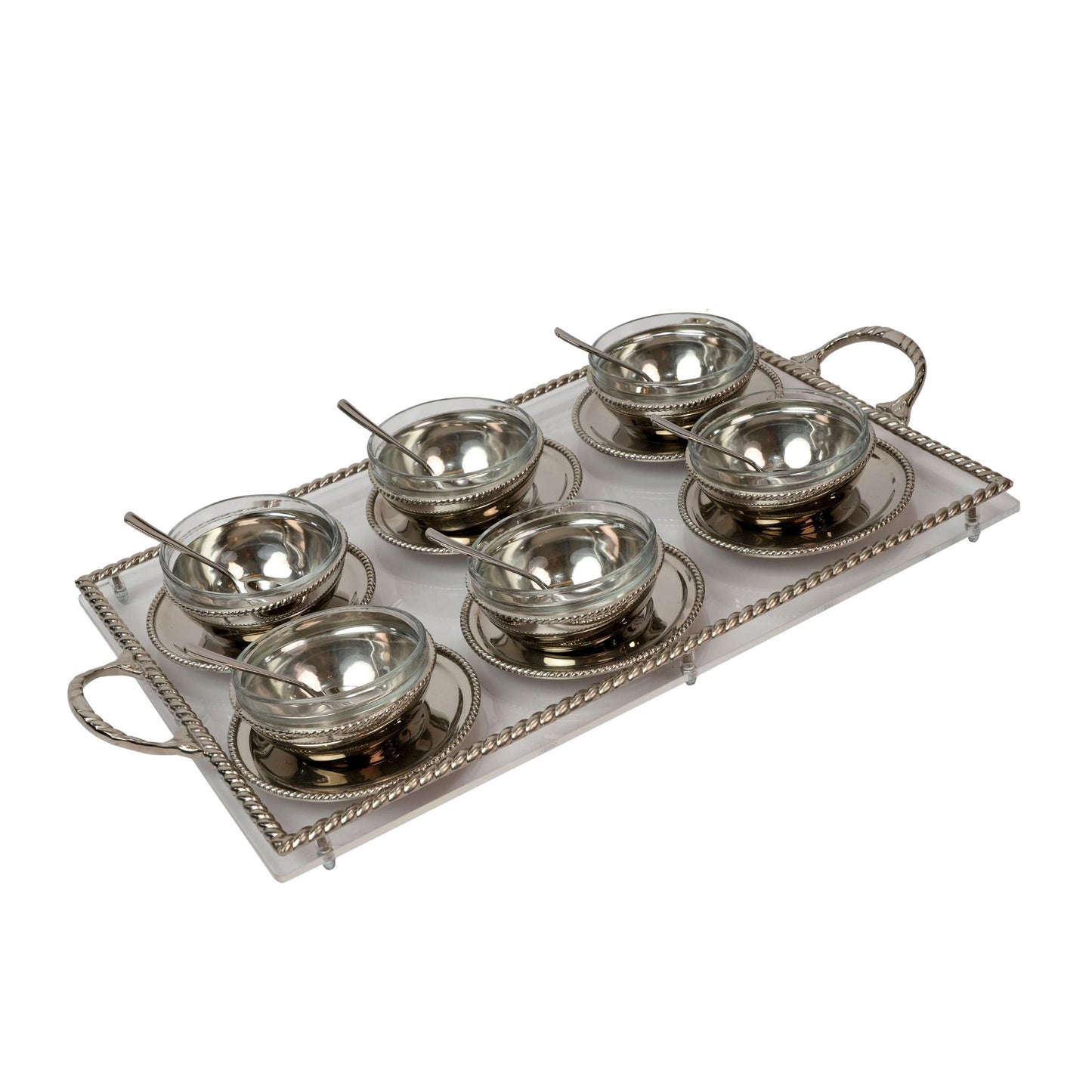 MEGHLI  GLASS BOWLS WITH PLEXI TRAY AND SPOONS SILVER