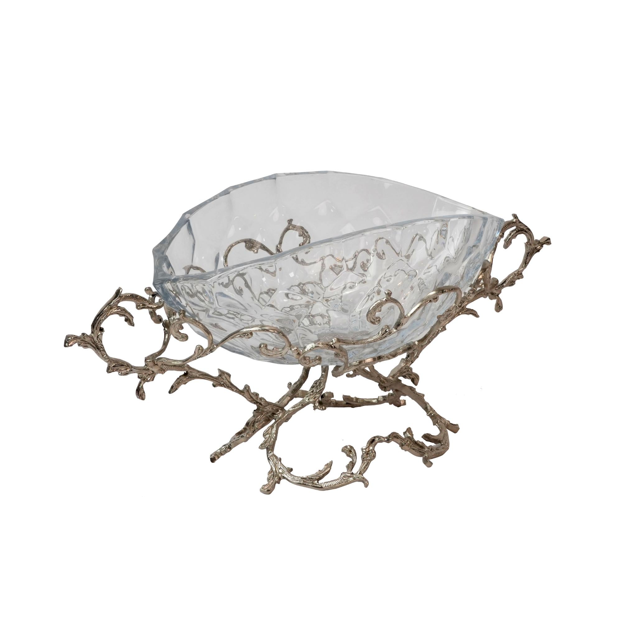 CRYSTAL OVAL BOWL WITH SILVER BRANCHES DESIGN STAND