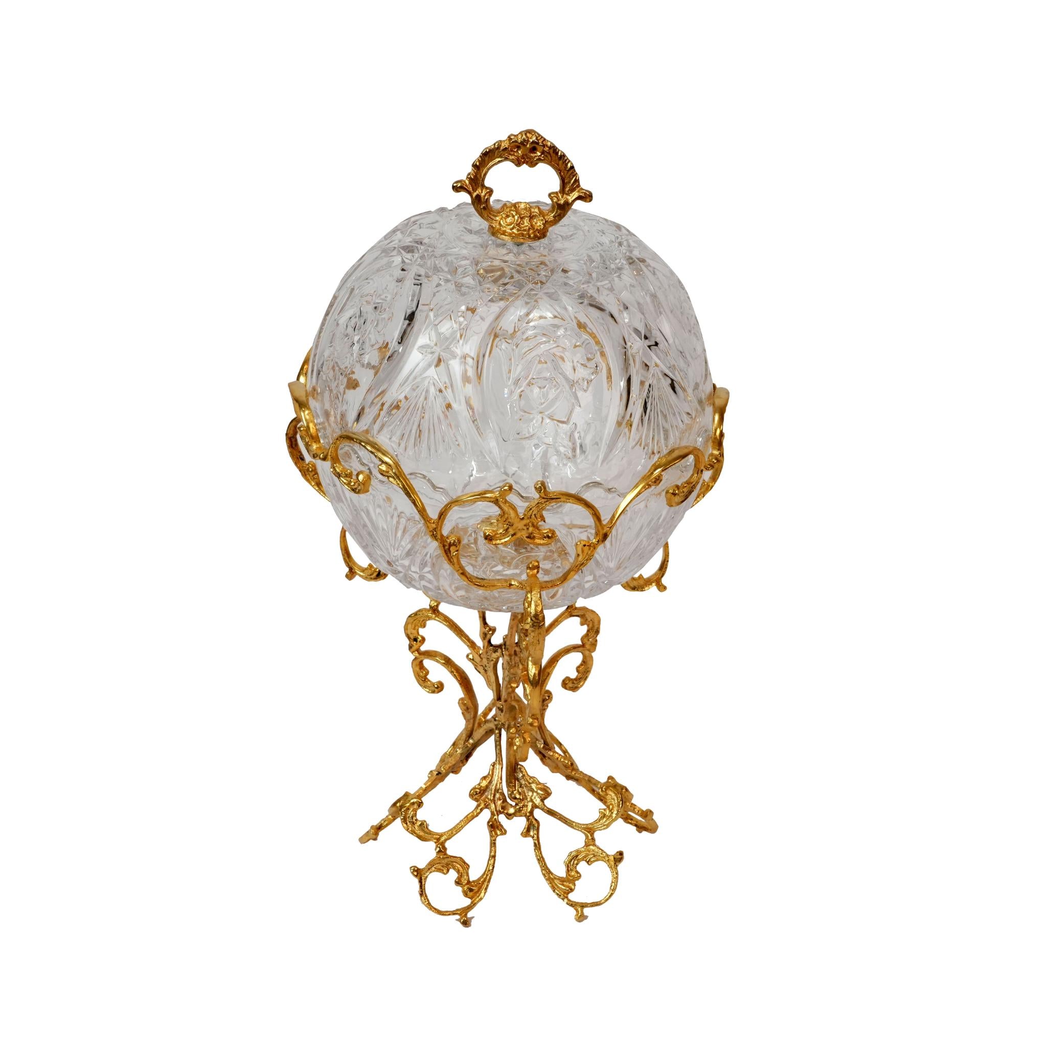 CRYSTAL CANDY BOWL WITH LID AND GOLDEN BRANCHES DESIGN STAND