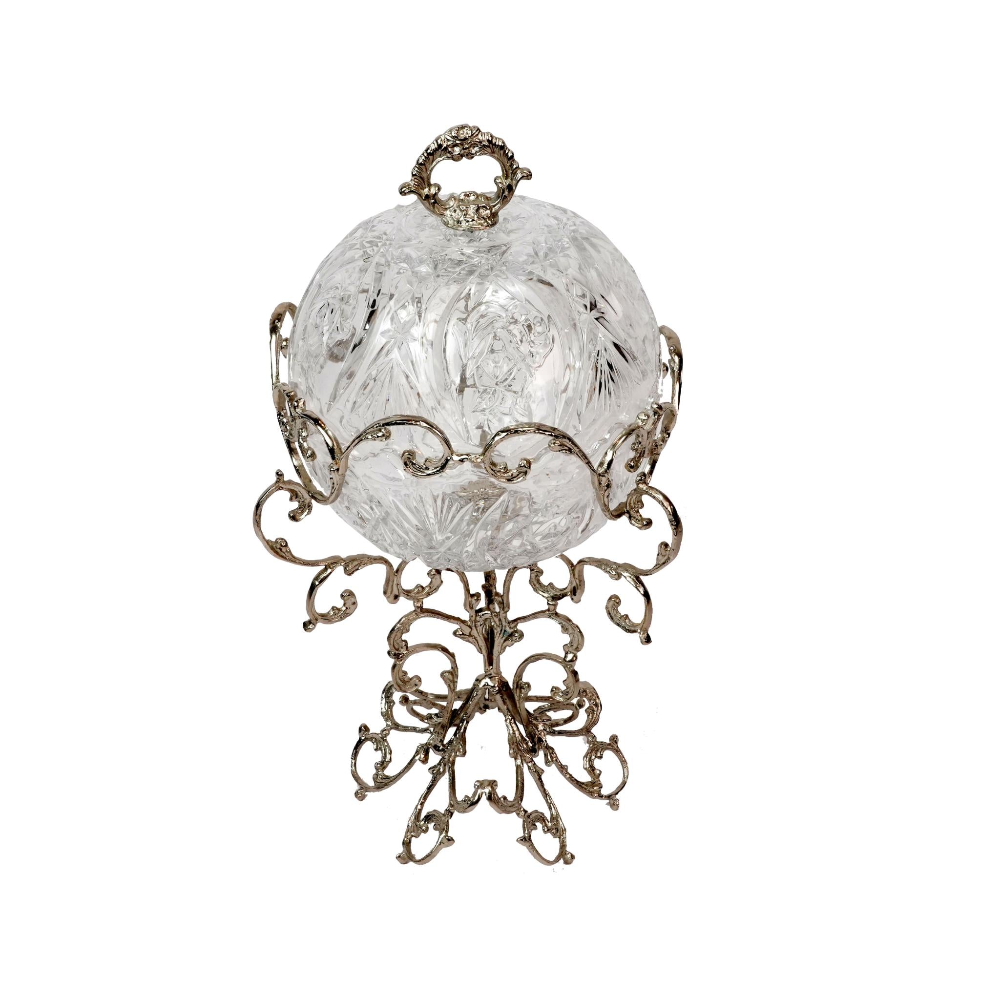 CRYSTAL CANDY BOWL WITH LID AND SILVER BRANCHES DESIGN STAND