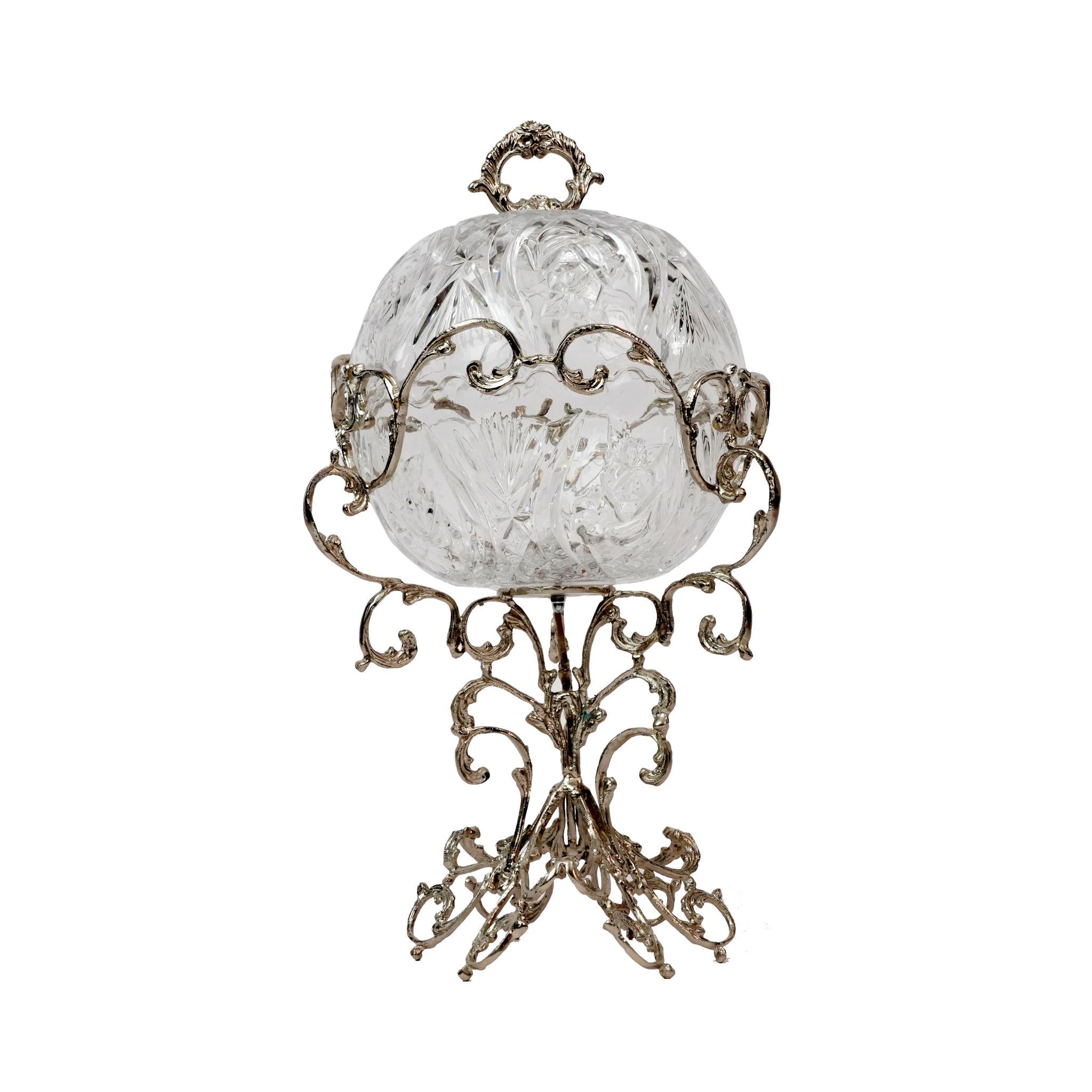 CRYSTAL CANDY BOWL WITH LID AND SILVER BRANCHES DESIGN STAND